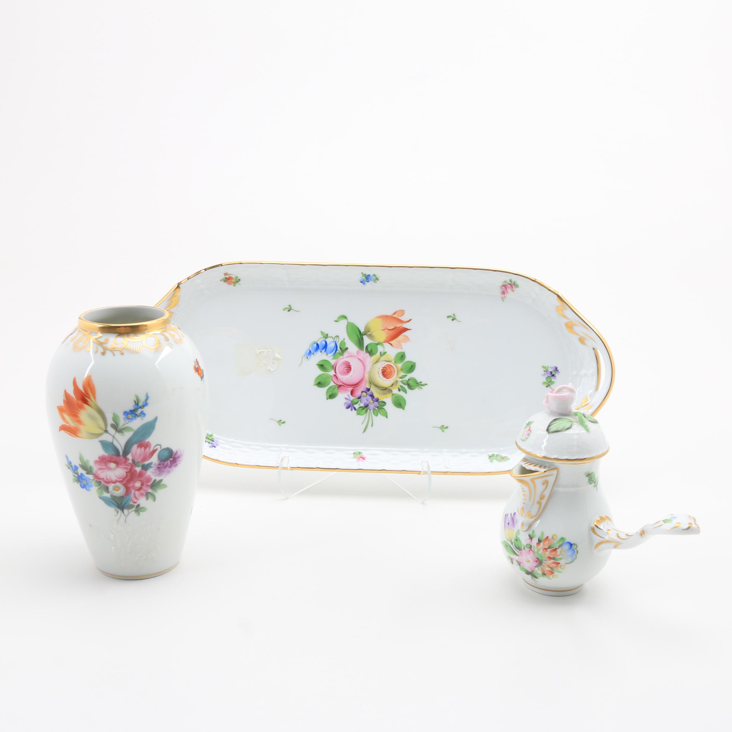 Herend Porcelain "Printemps" Tray, Vase and Cocoa Pot