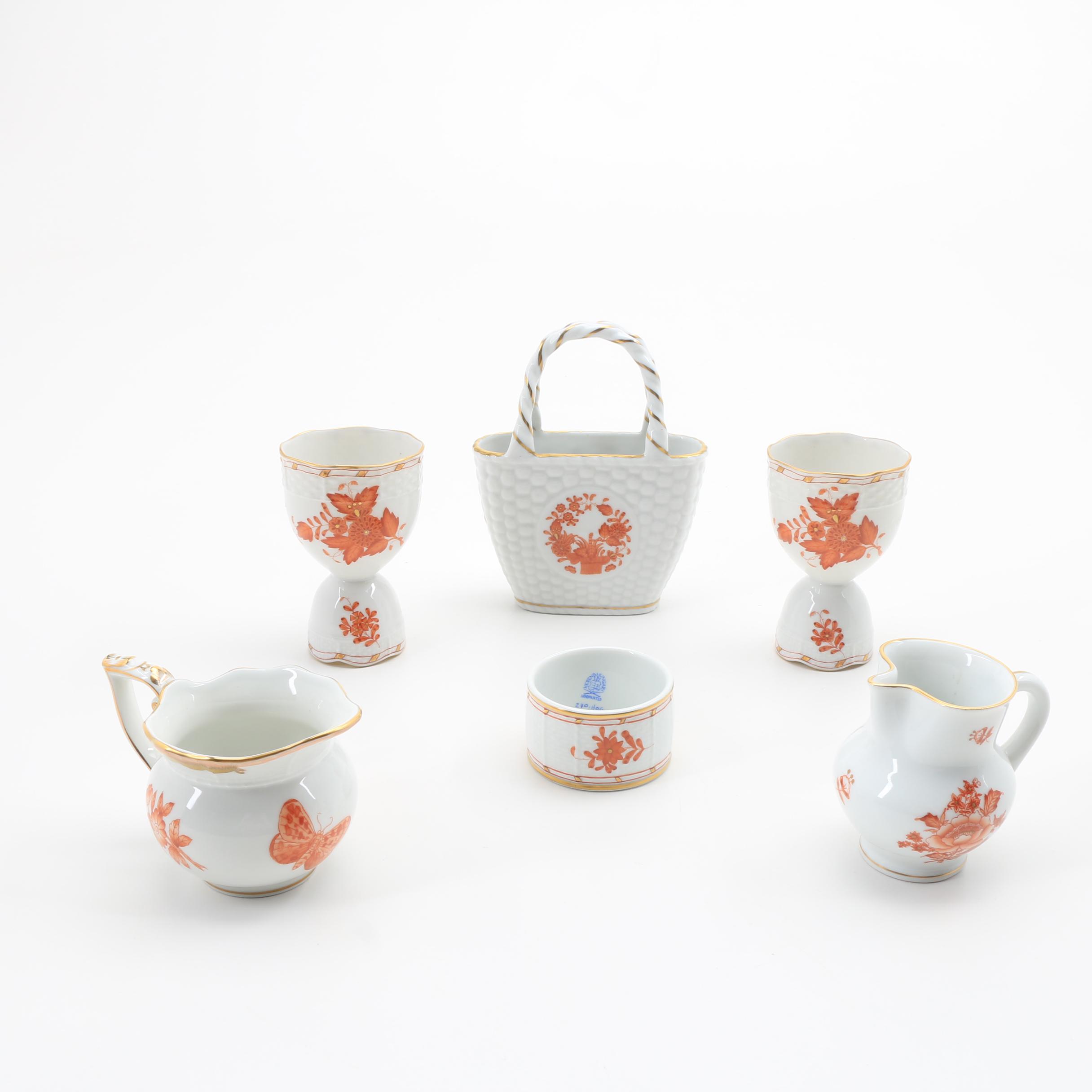 Herend "Chinese Bouquet Rust" Egg Cups, Pitchers, Basket and Ring