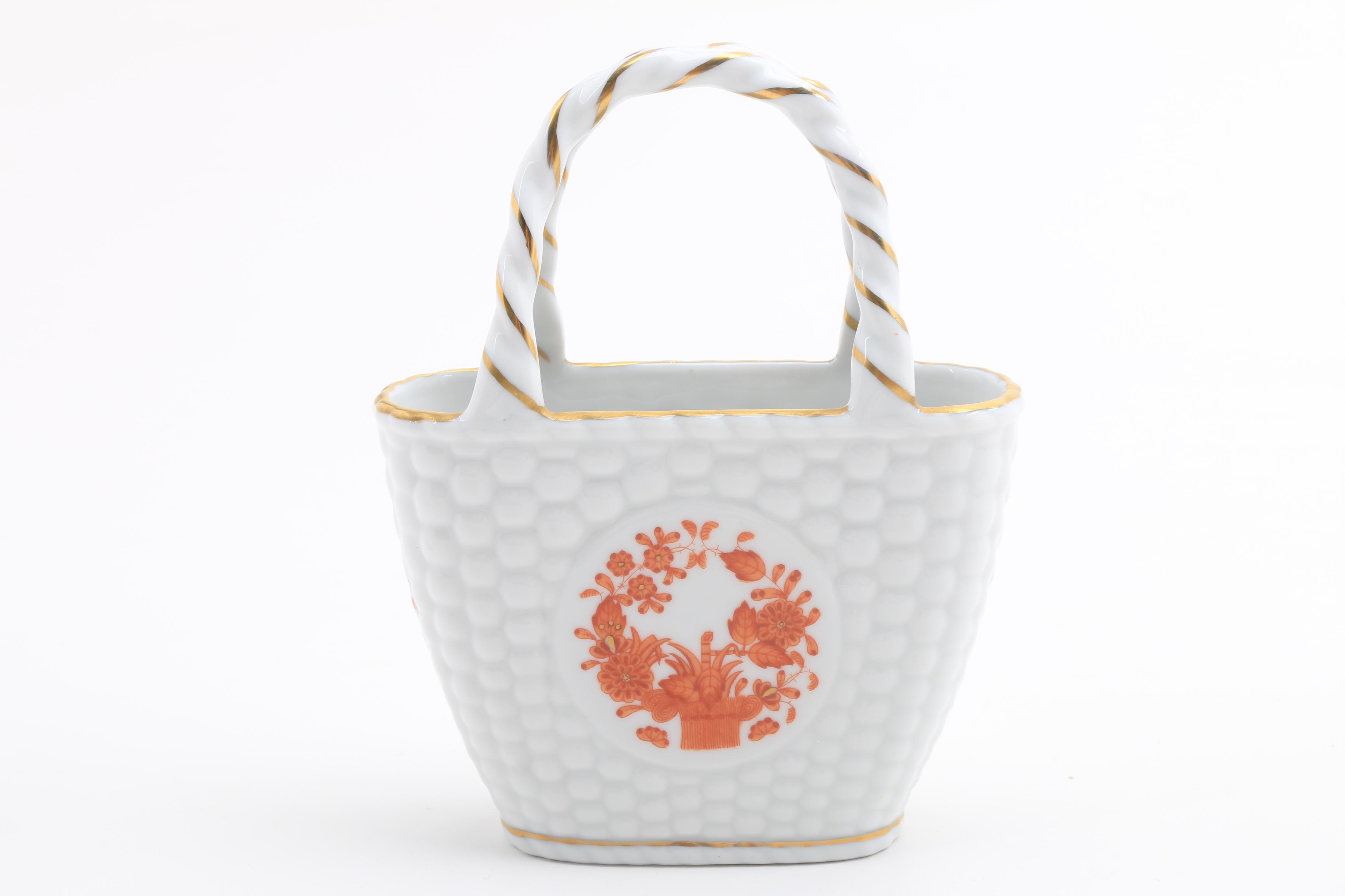 Herend "Chinese Bouquet Rust" Egg Cups, Pitchers, Basket and Ring