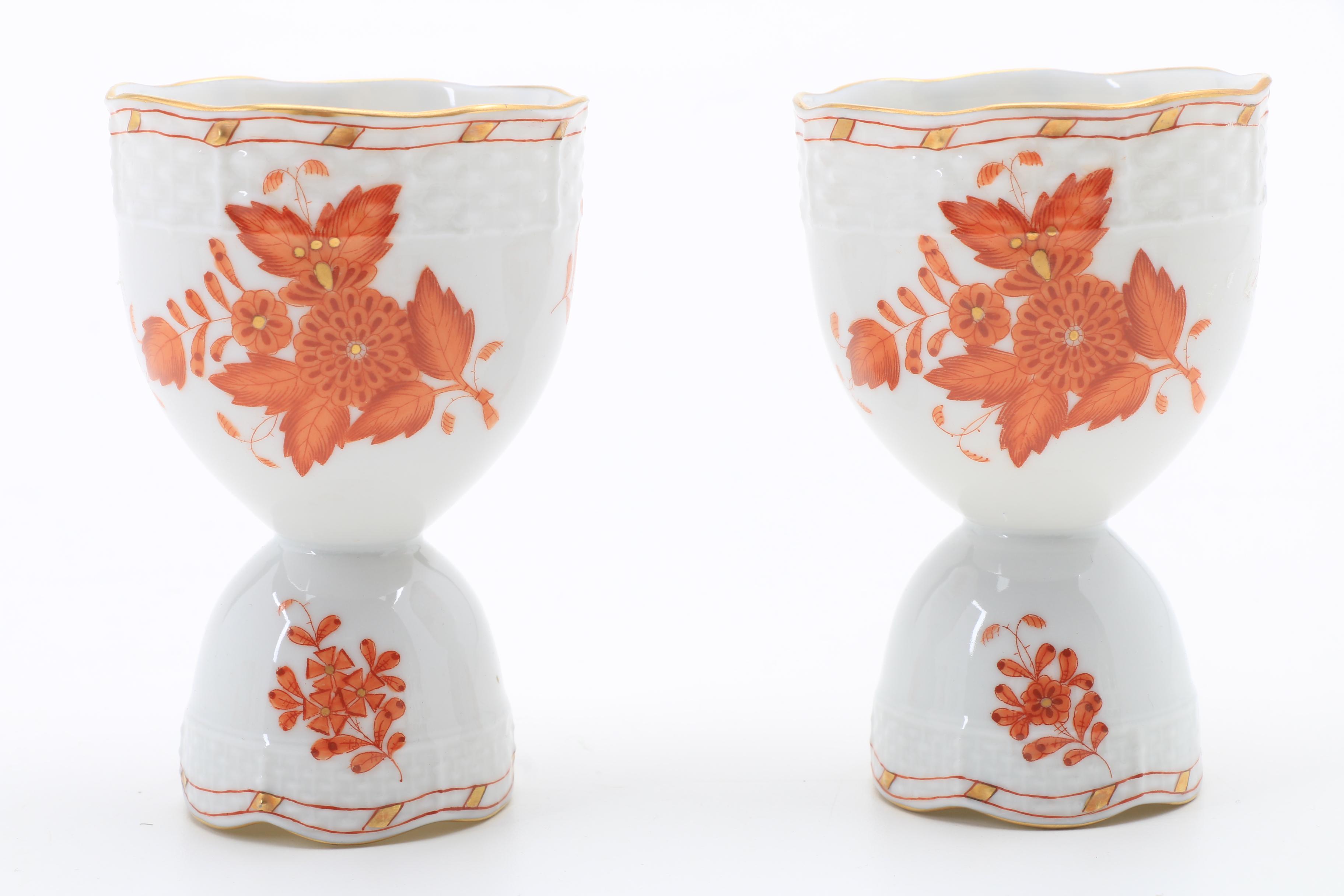 Herend "Chinese Bouquet Rust" Egg Cups, Pitchers, Basket and Ring
