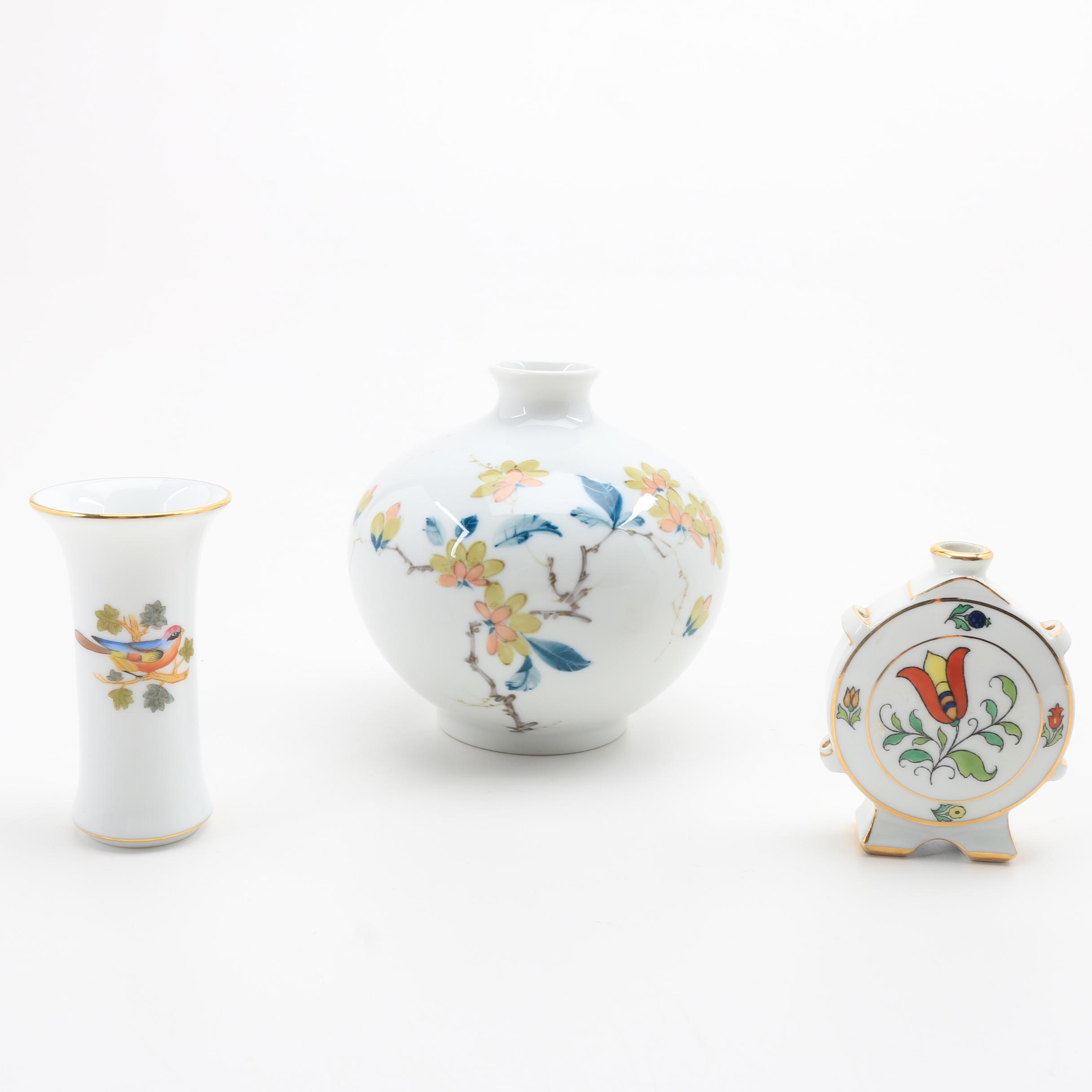 1930's Herend Snuff Bottle, A Signed Vase and Small Vase