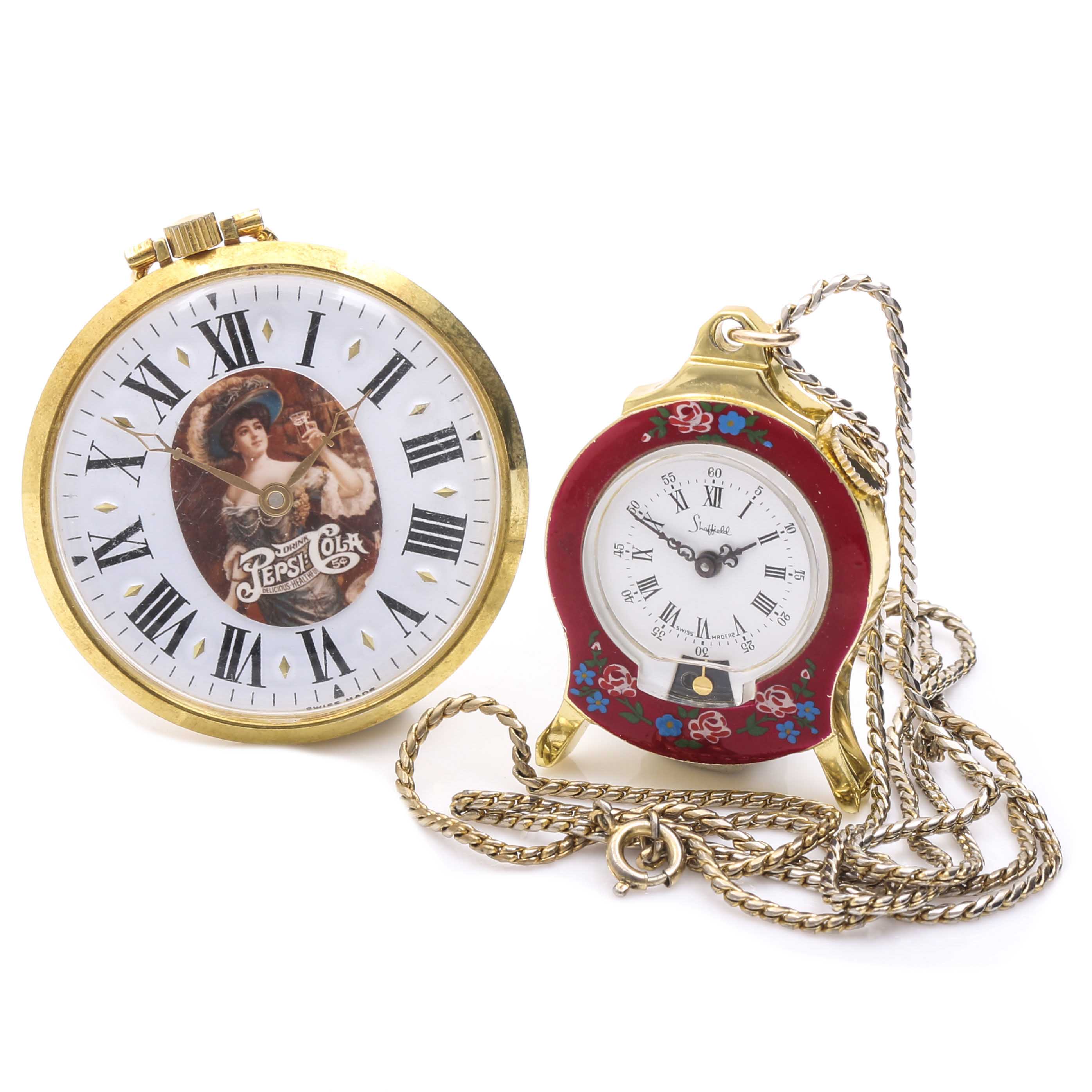Gold Tone Pendant Watches Including Sheffield and Pepsi-Cola