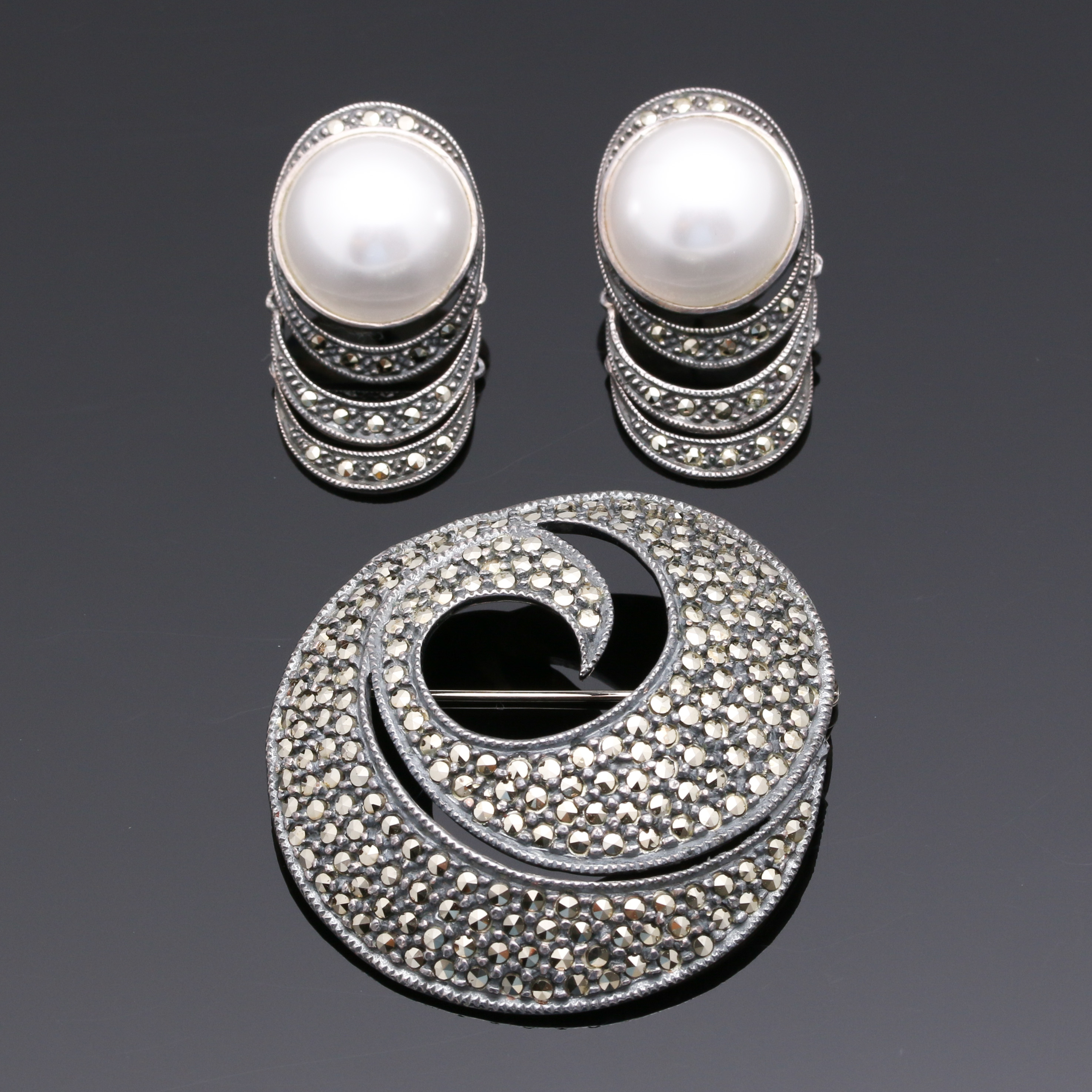 Judith Jack Sterling Silver Brooch and Earrings