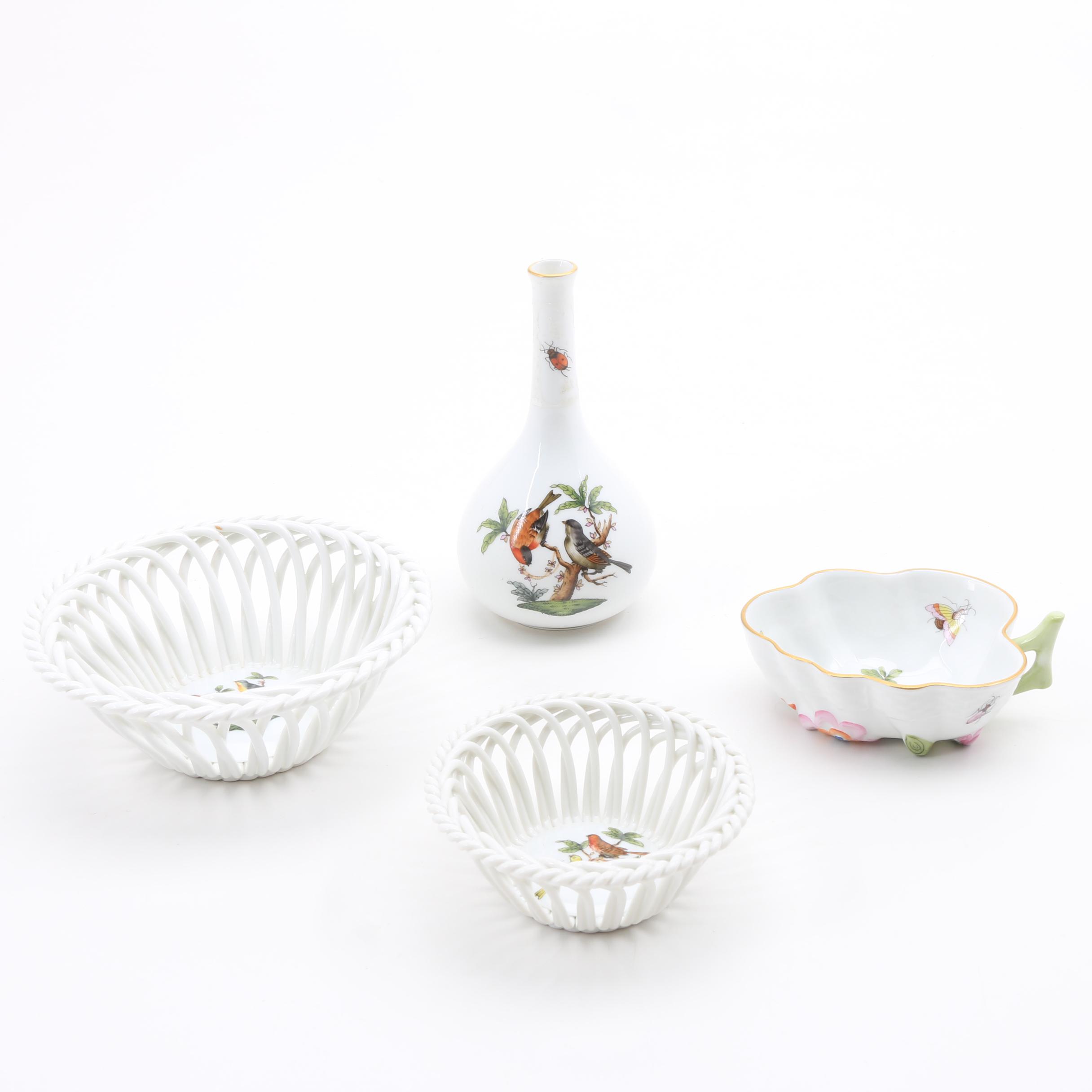 Herend "Rothschild Bird" Pair of Baskets, a Nut Bowl and a Vase