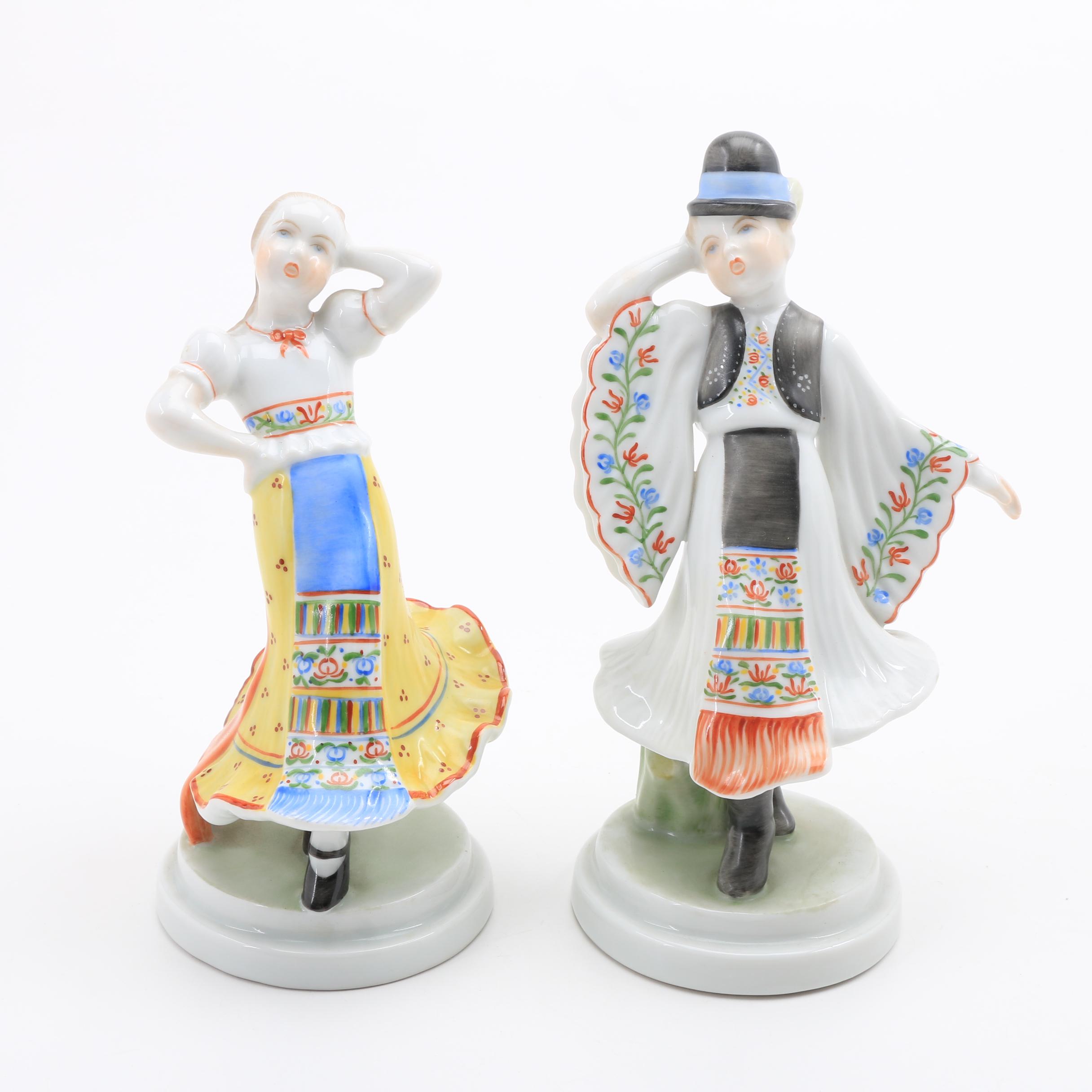 Vintage Herend Hand Painted Porcelain Peasant Dancer Figurines
