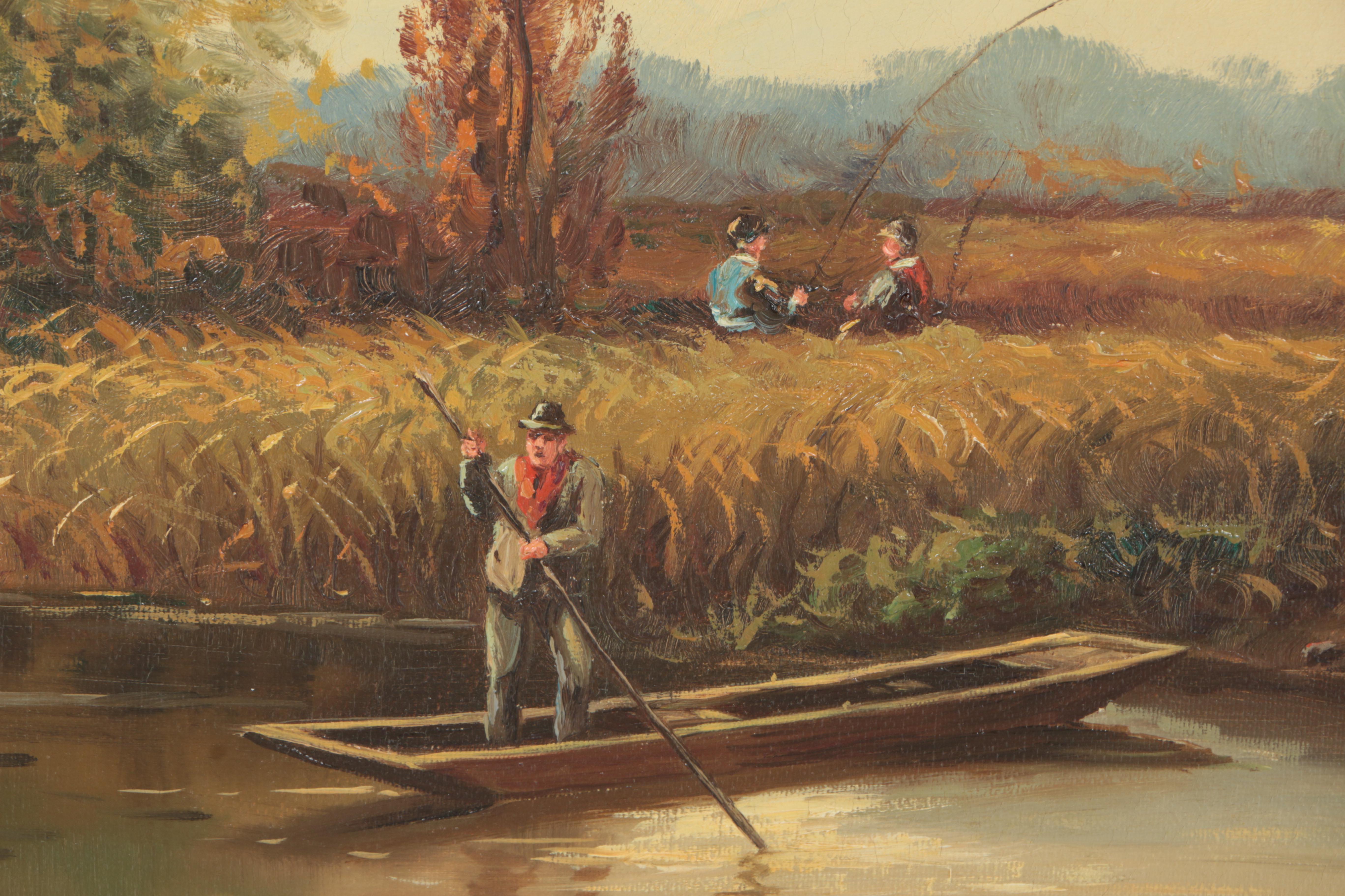 C. Williams Oil Painting on Canvas of Country Landscape With Ferryman