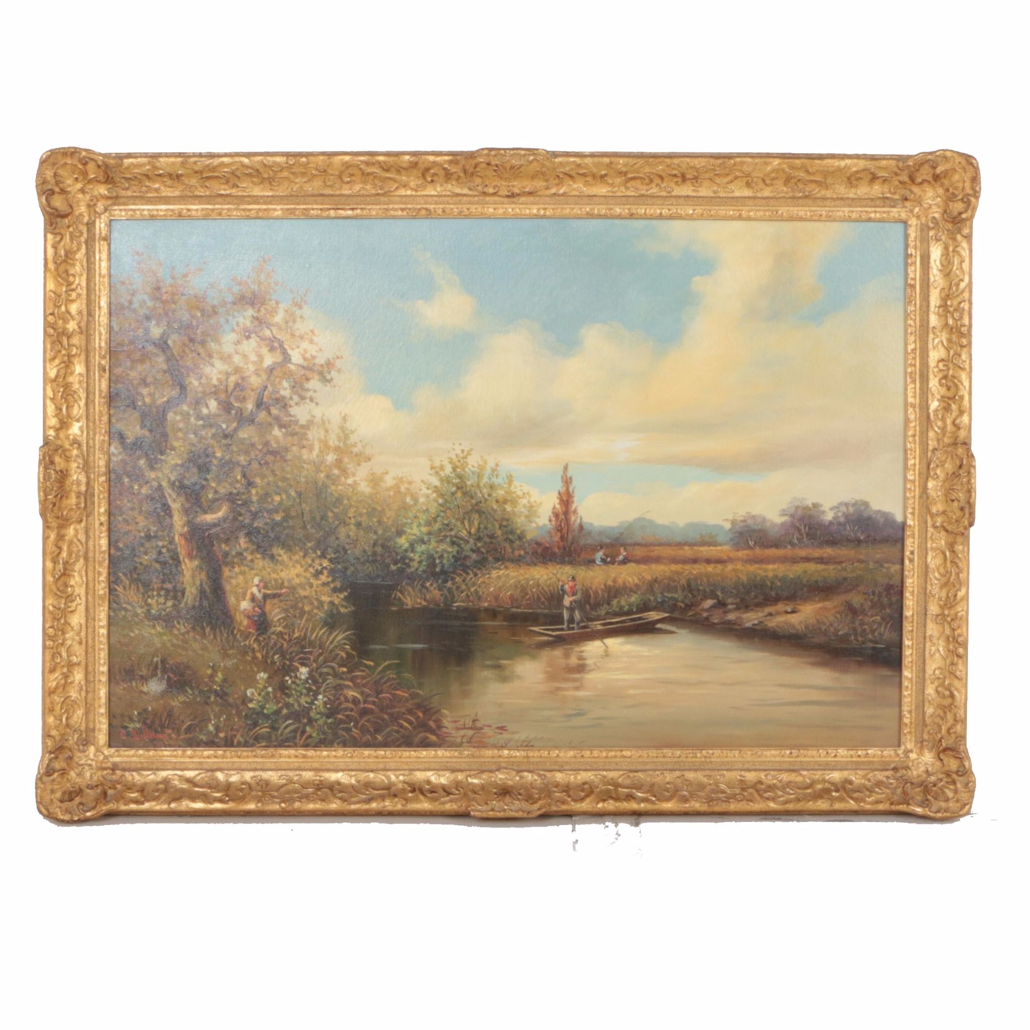 C. Williams Oil Painting on Canvas of Country Landscape With Ferryman