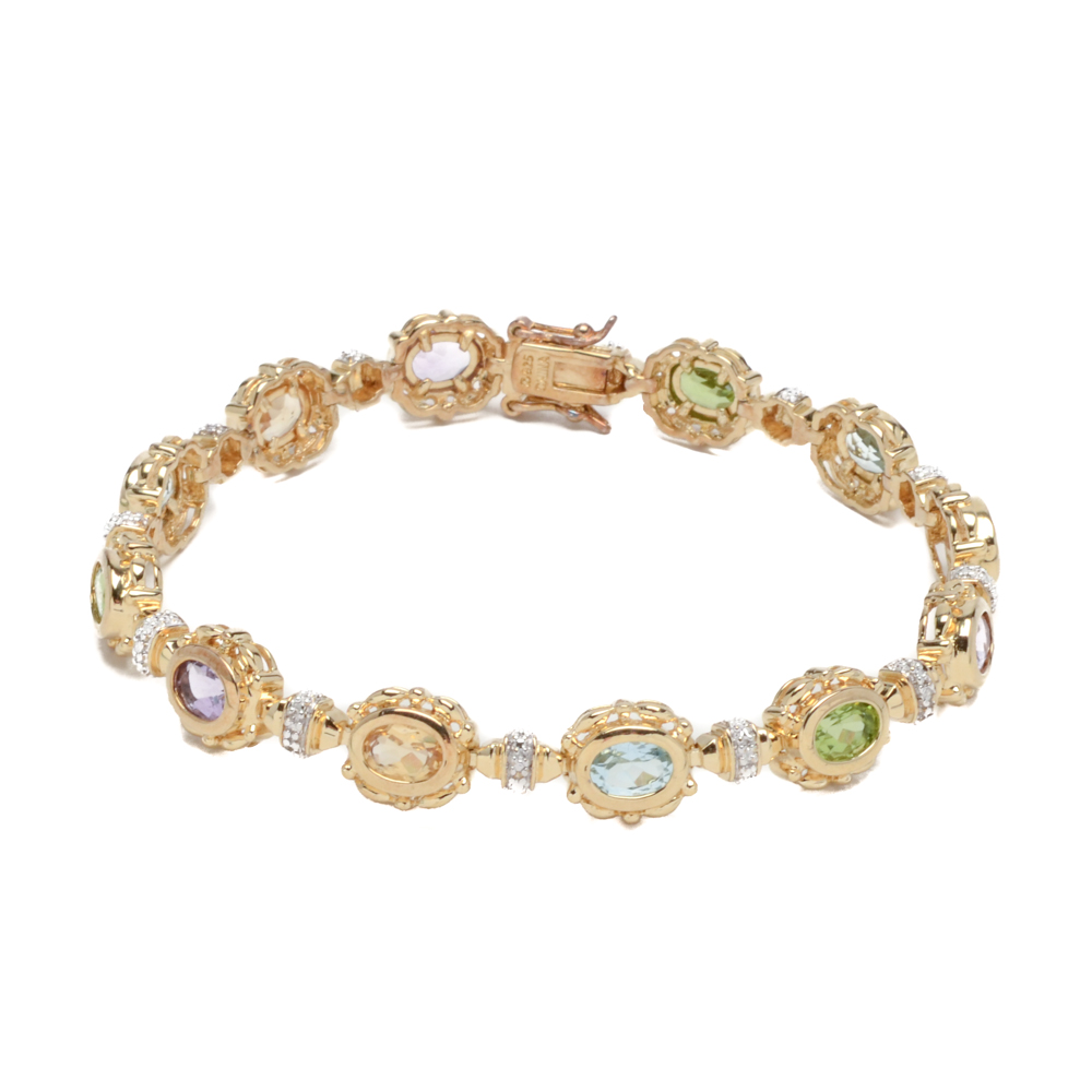 Sterling Silver Multi-Stone and Diamond Bracelet with Gold Wash