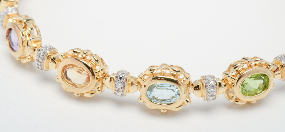 Sterling Silver Multi-Stone and Diamond Bracelet with Gold Wash