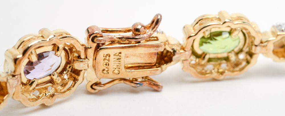 Sterling Silver Multi-Stone and Diamond Bracelet with Gold Wash