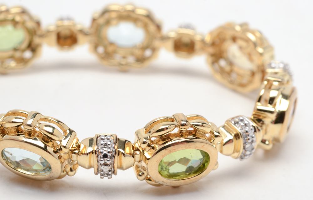 Sterling Silver Multi-Stone and Diamond Bracelet with Gold Wash