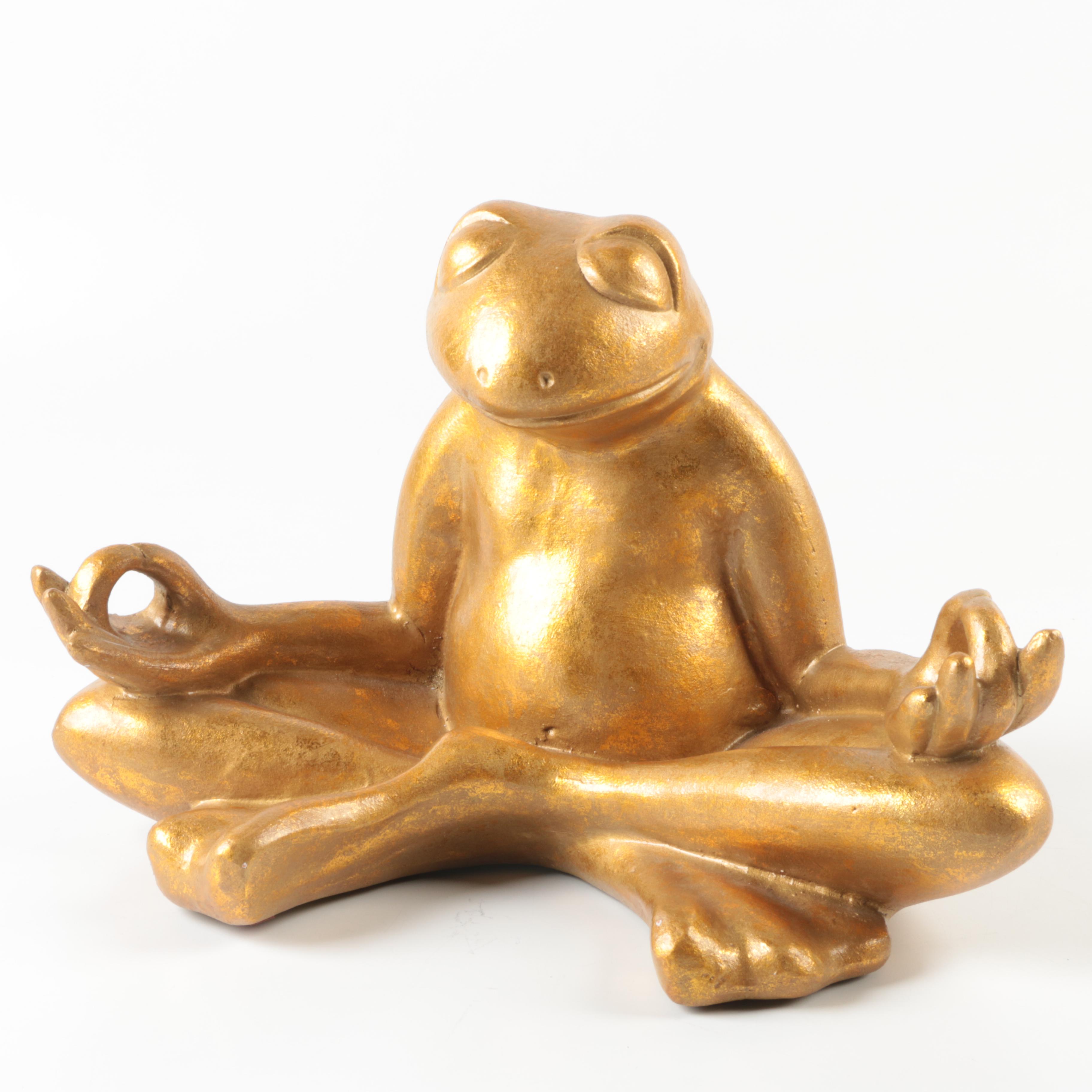 Gold Tone Stoneware Meditating Frog Statue