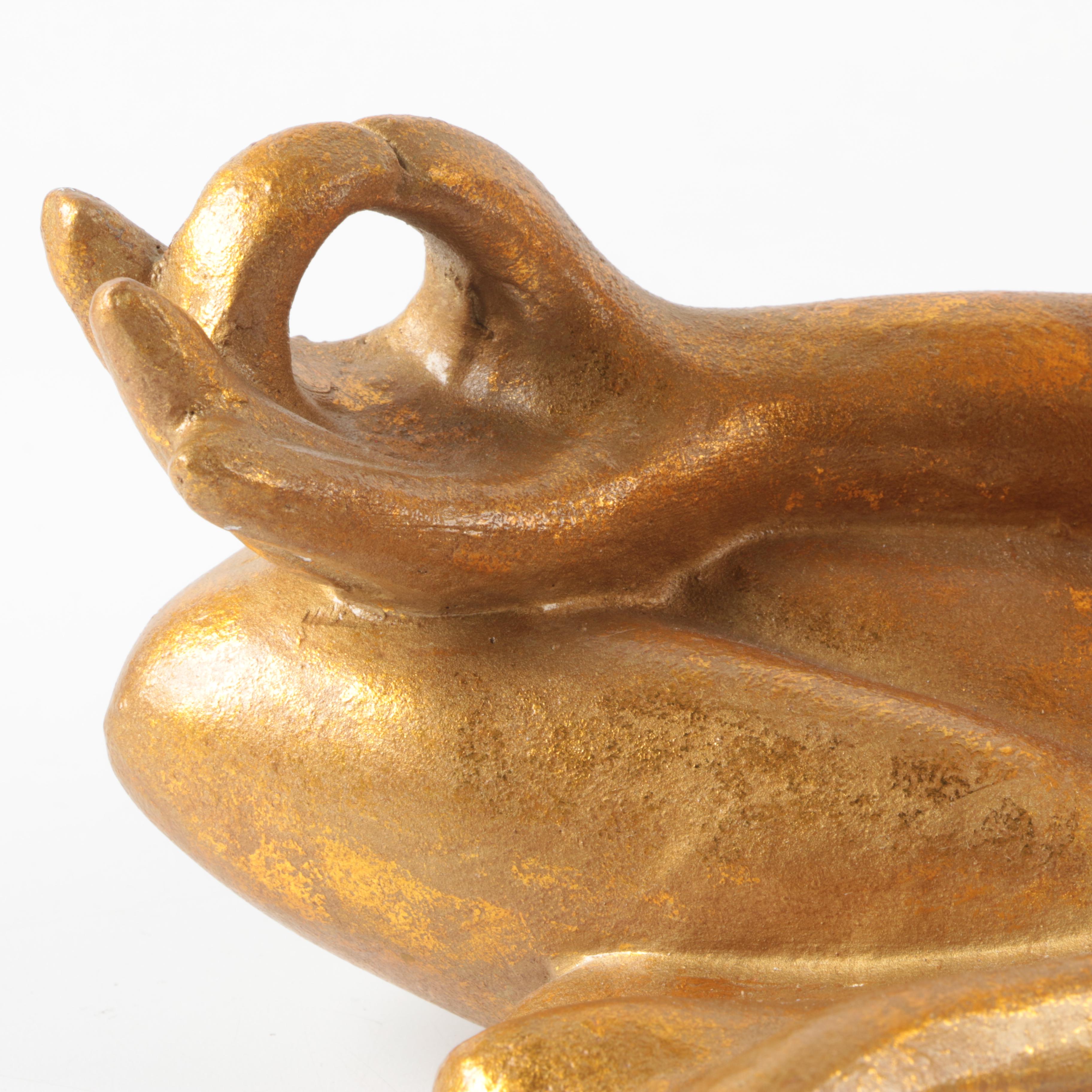 Gold Tone Stoneware Meditating Frog Statue