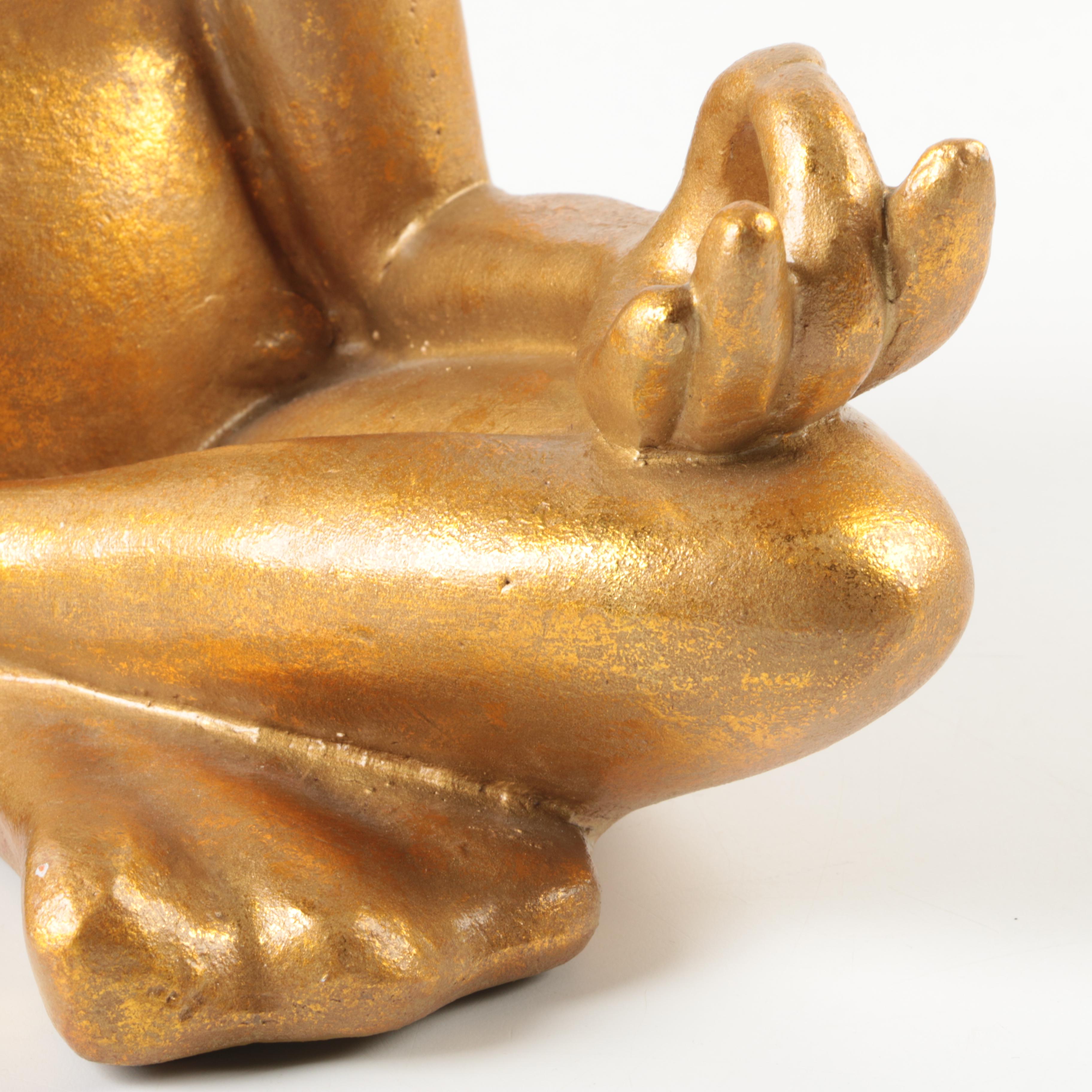 Gold Tone Stoneware Meditating Frog Statue