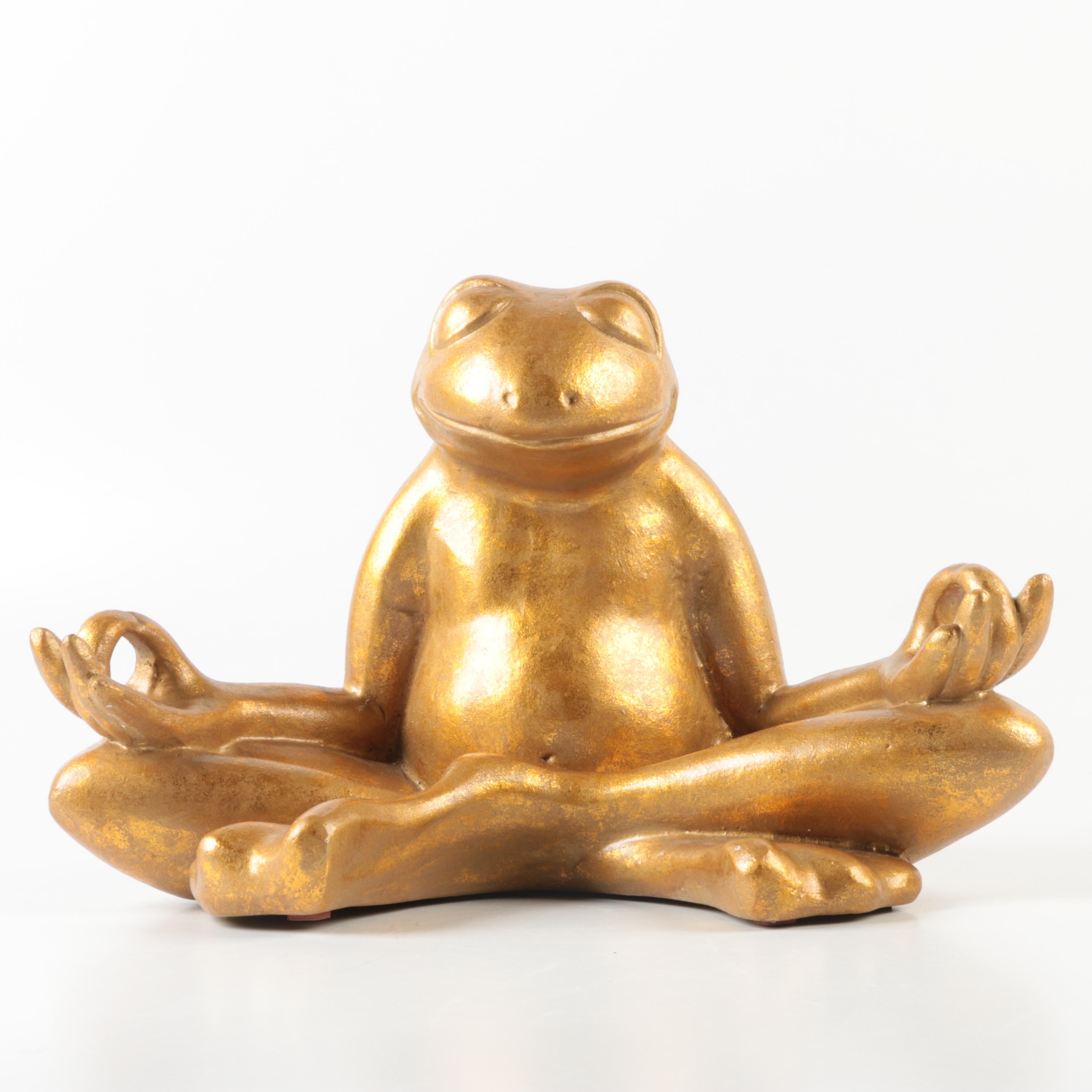 Gold Tone Stoneware Meditating Frog Statue
