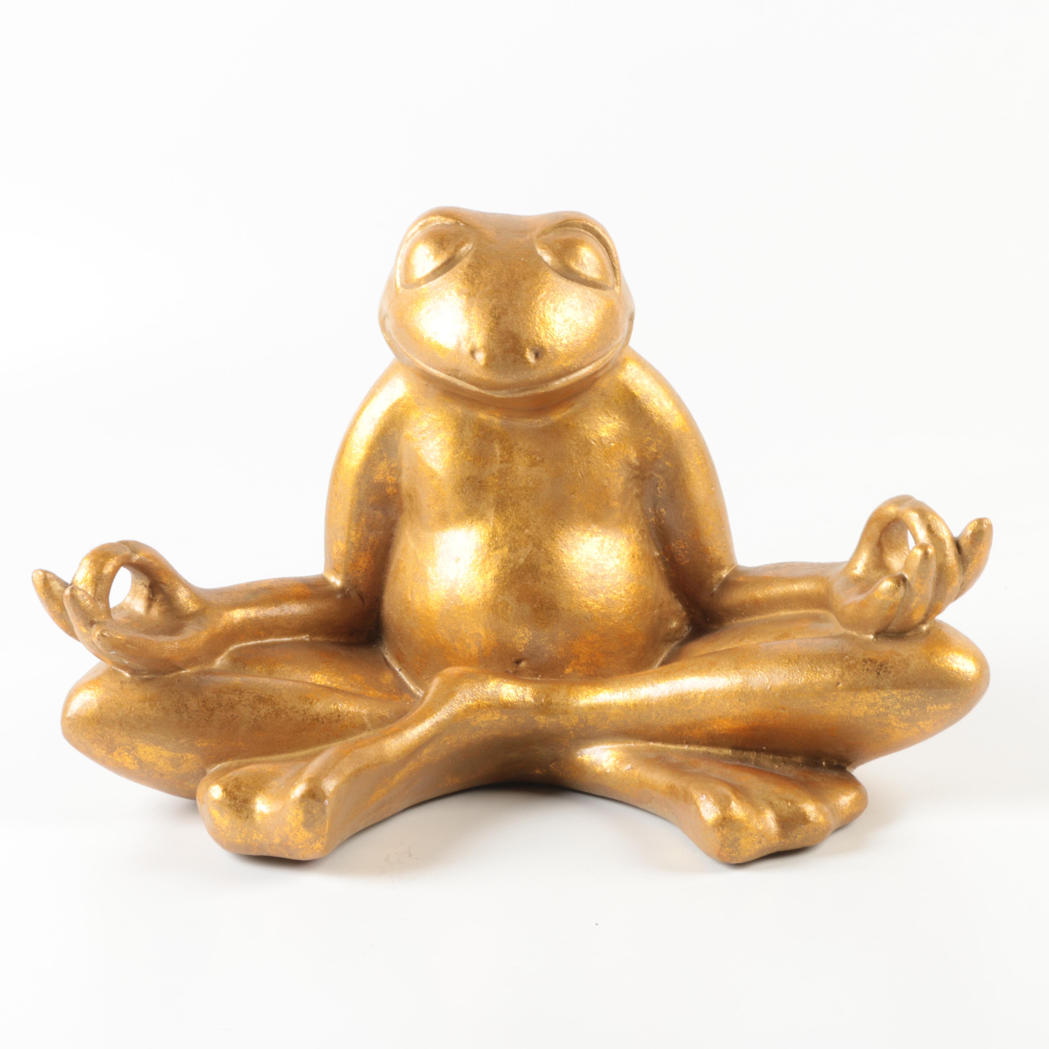 Gold Tone Stoneware Meditating Frog Statue