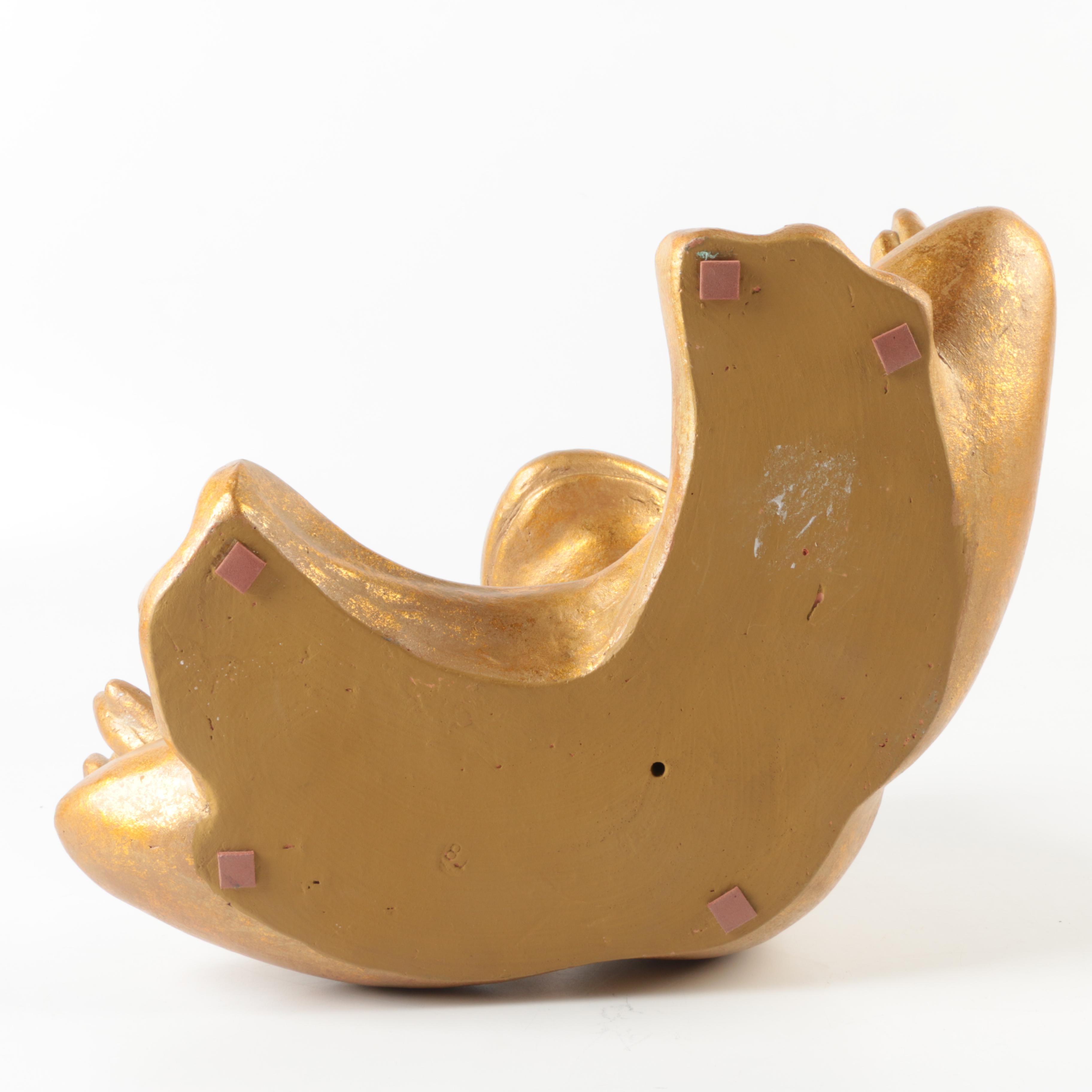 Gold Tone Stoneware Meditating Frog Statue