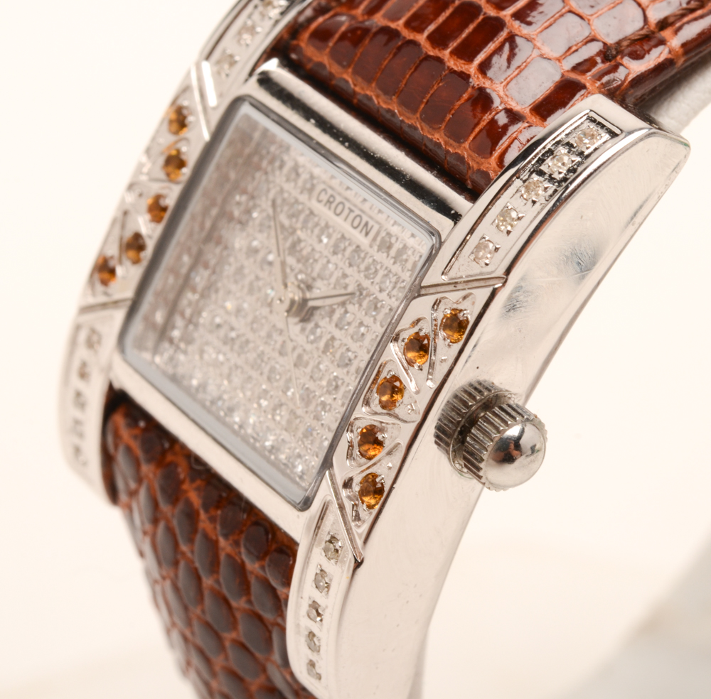 Croton Stainless Steel Diamond Watch with Lizard Skin Band