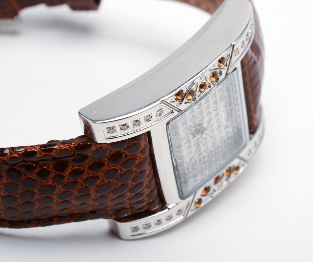 Croton Stainless Steel Diamond Watch with Lizard Skin Band