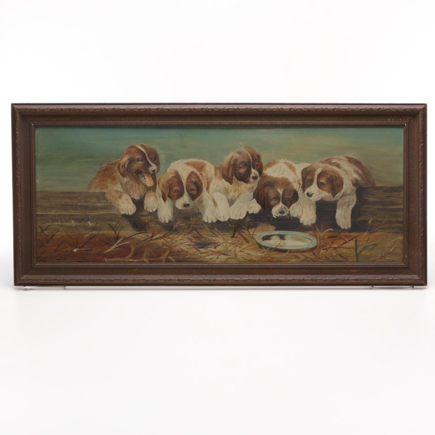 Antique Original Naïve Barnyard Genre Oil Painting on Canvas of Puppies