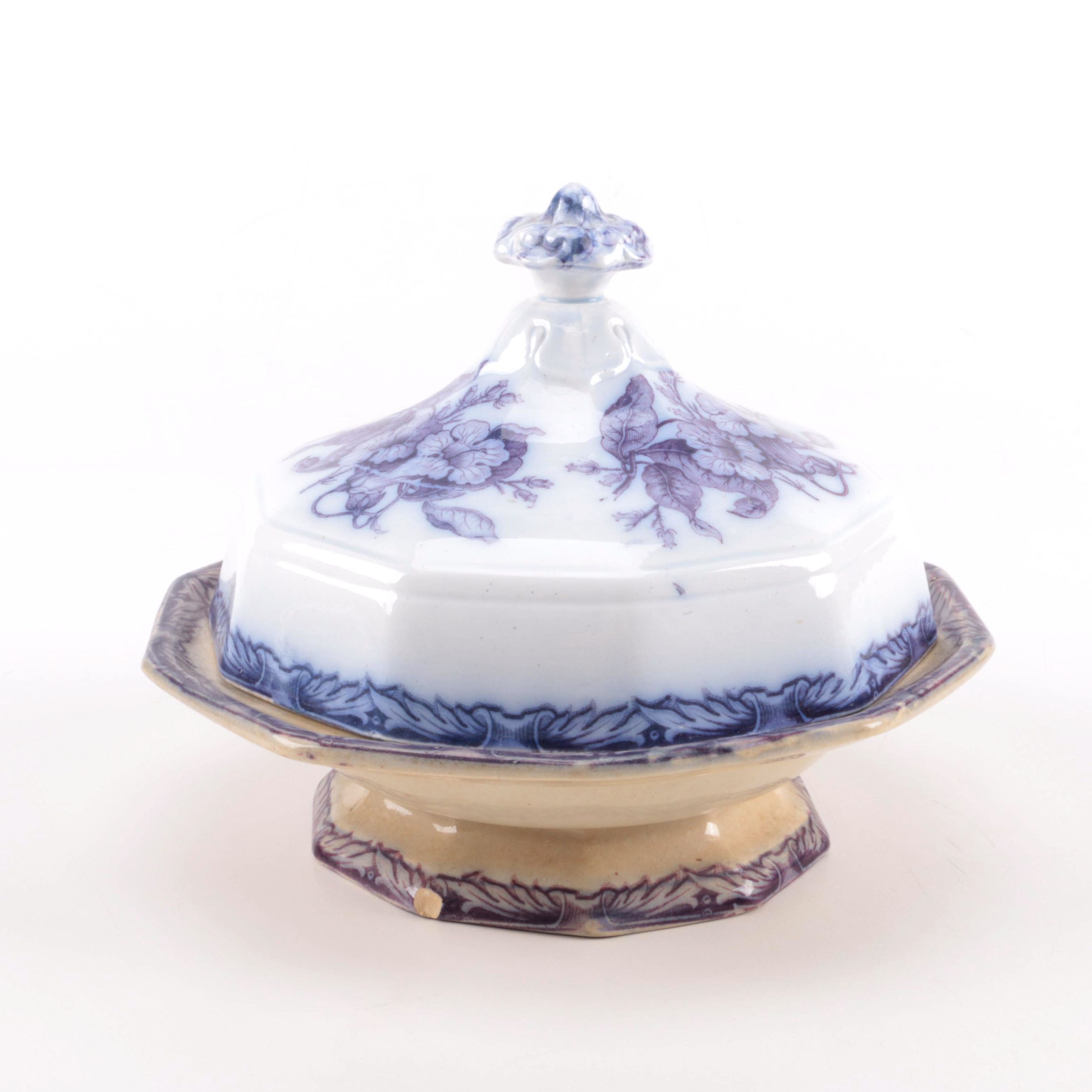 Antique Elsmore & Foster Purple Transfer Printed Master Butter Dish 1853-71