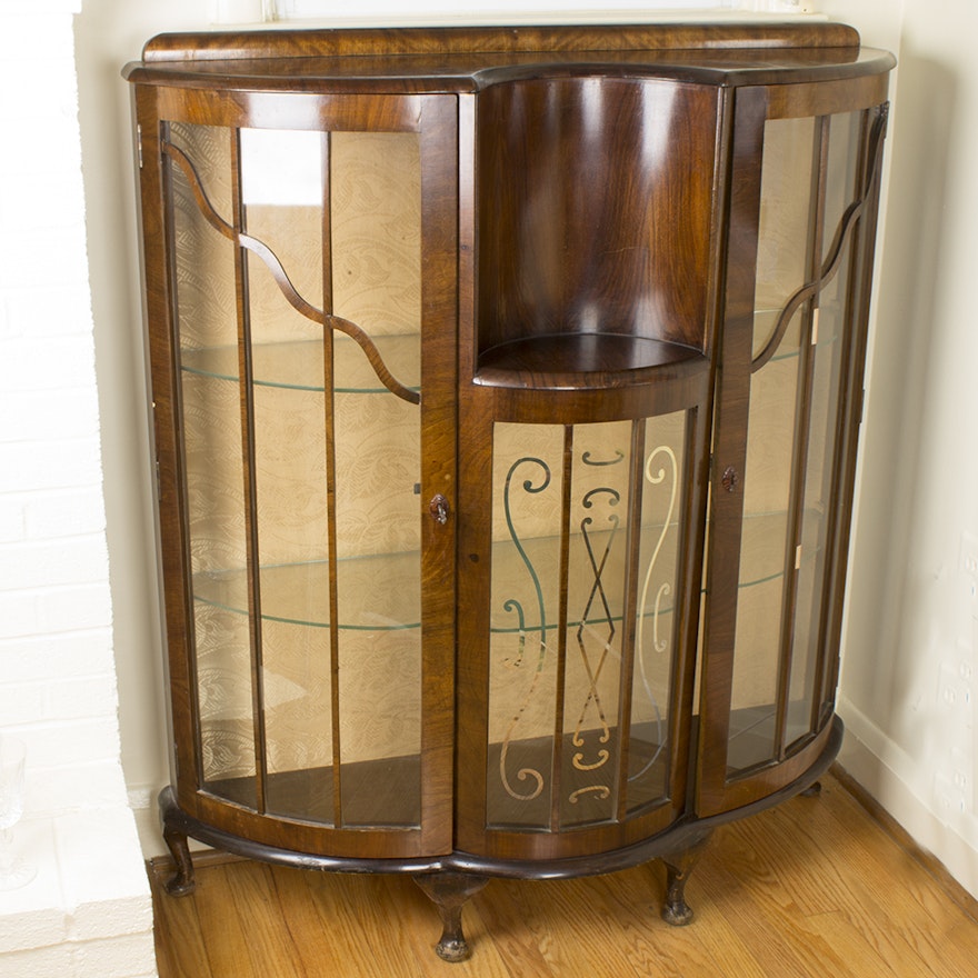 Vintage Bow Front Glass and Maple Veneer Curio Cabinet