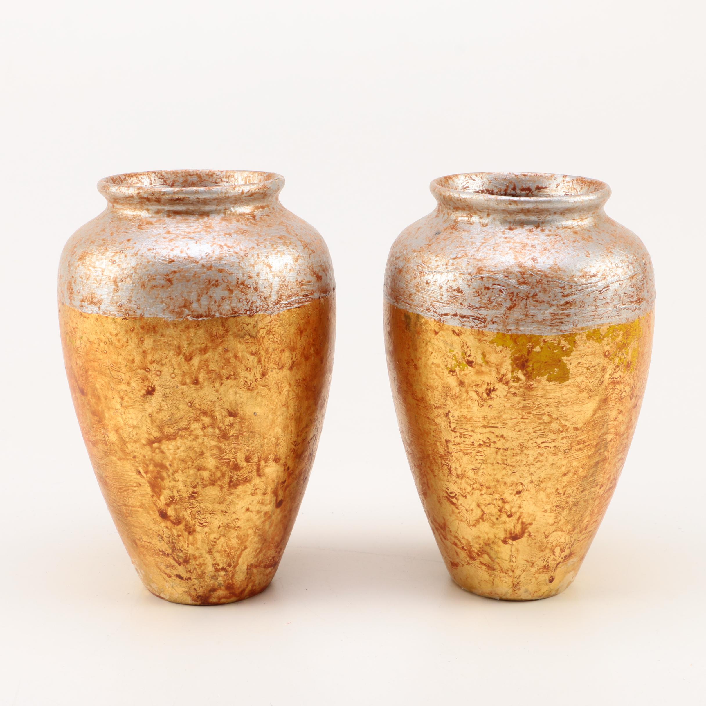 Pair of Gold and Silver Leaf Terra Cotta Vases
