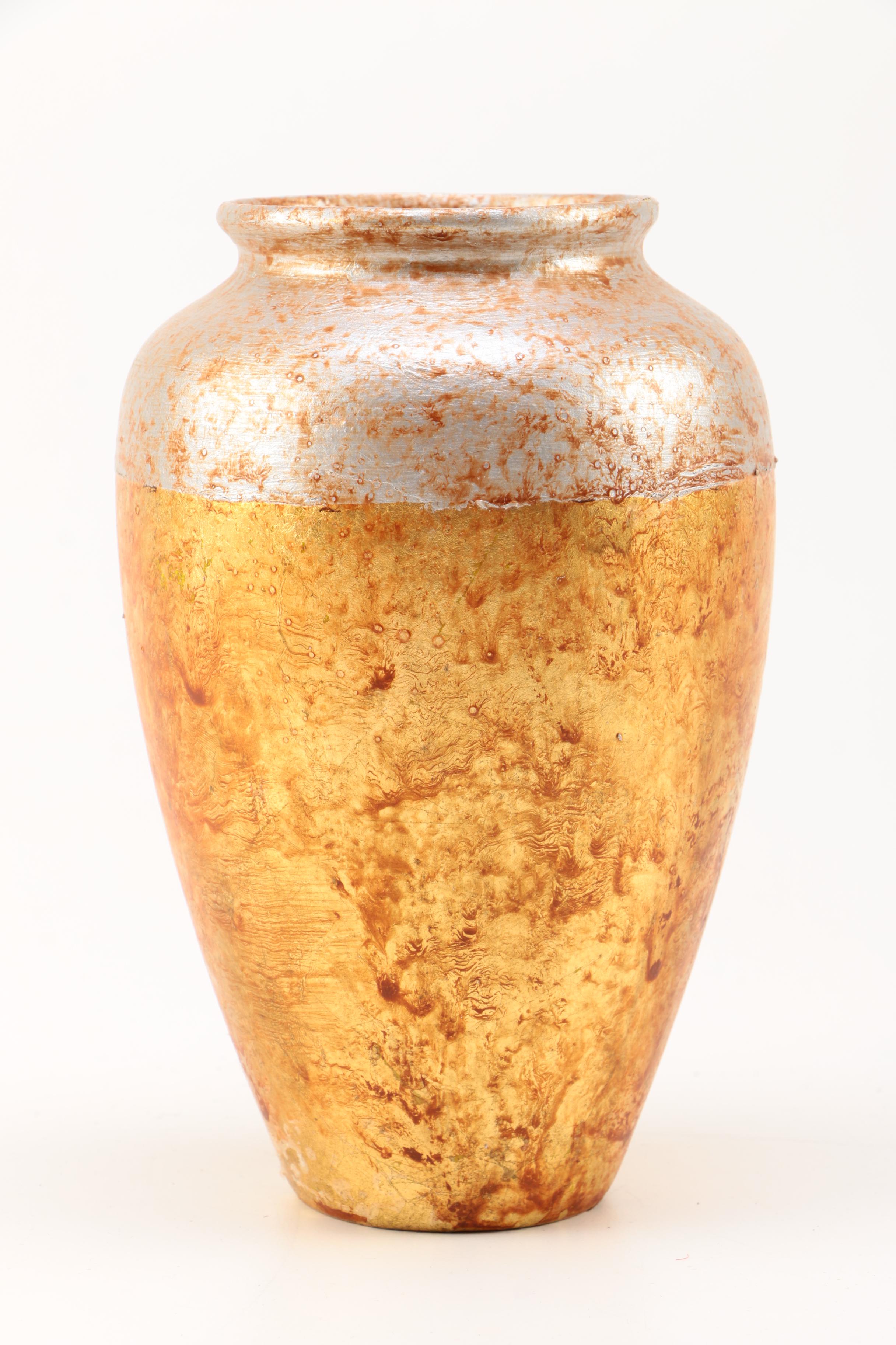 Pair of Gold and Silver Leaf Terra Cotta Vases