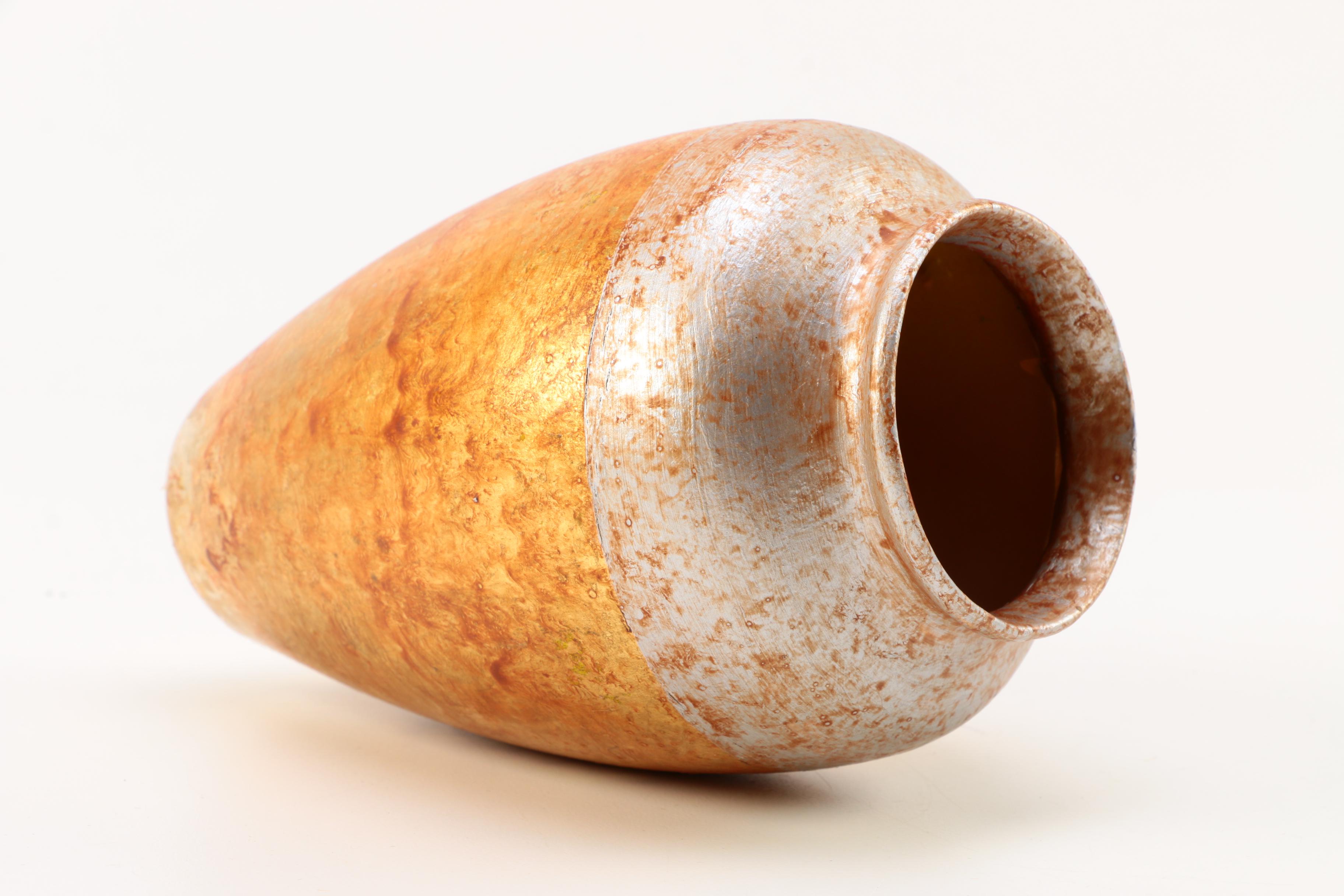 Pair of Gold and Silver Leaf Terra Cotta Vases