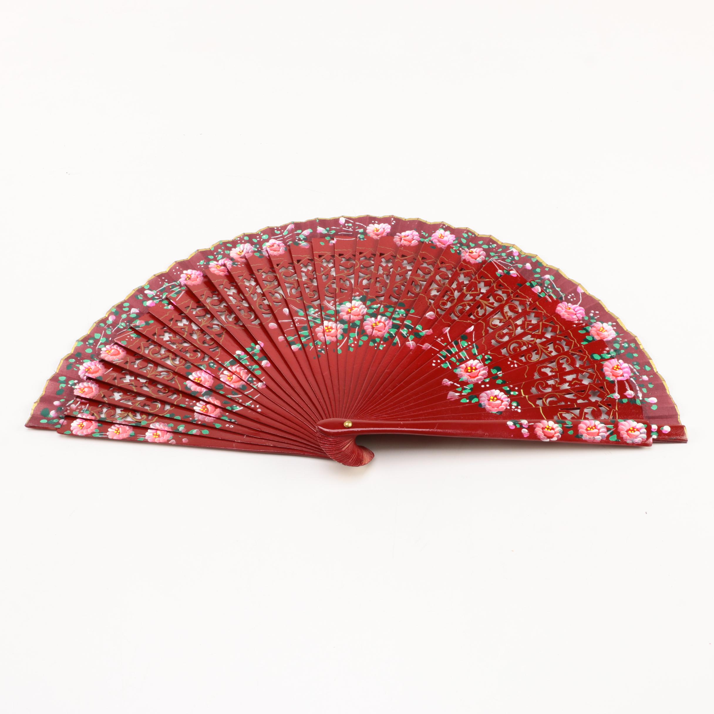 Red Wooden Folding Hand Fan With Painted Floral Designs