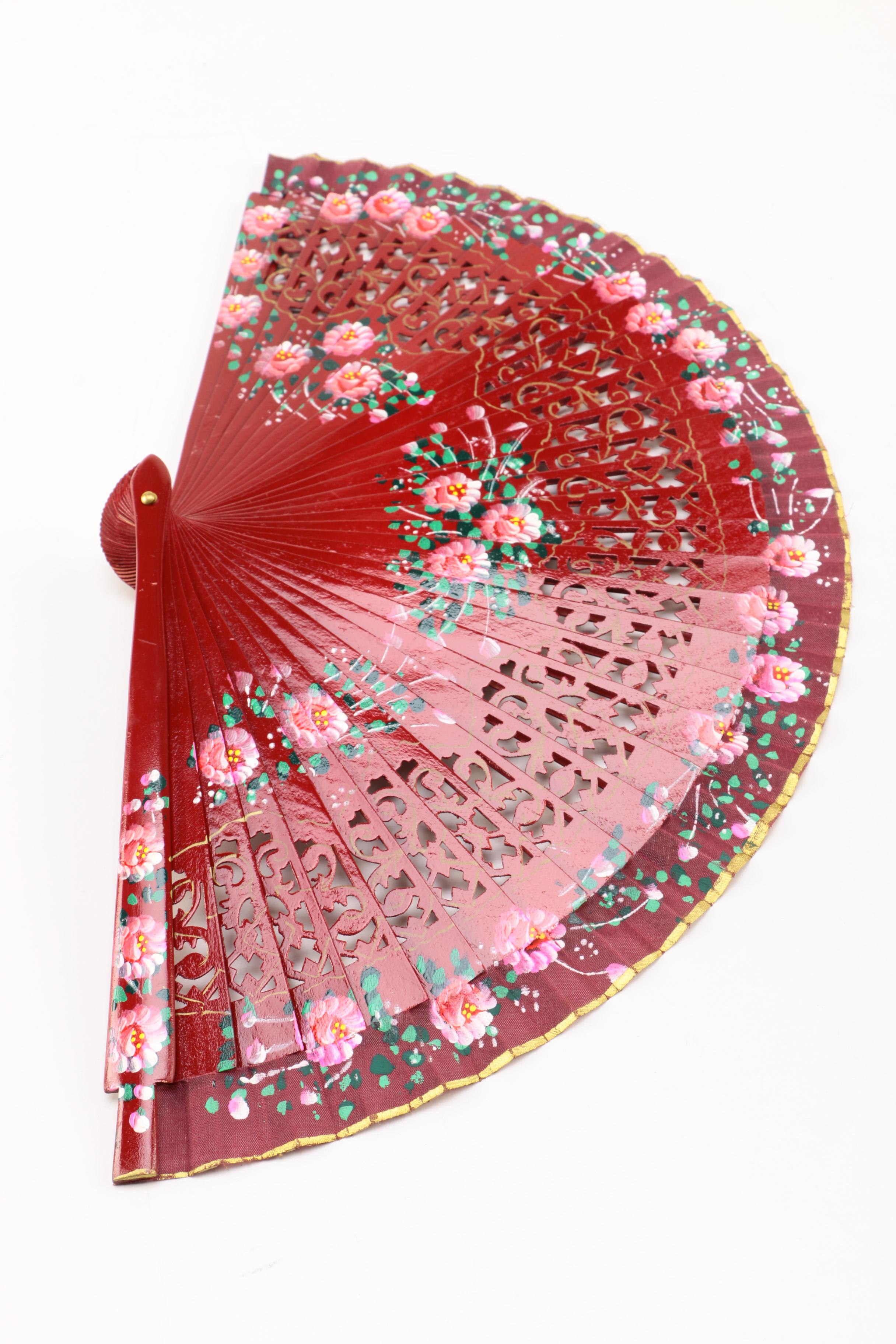 Red Wooden Folding Hand Fan With Painted Floral Designs
