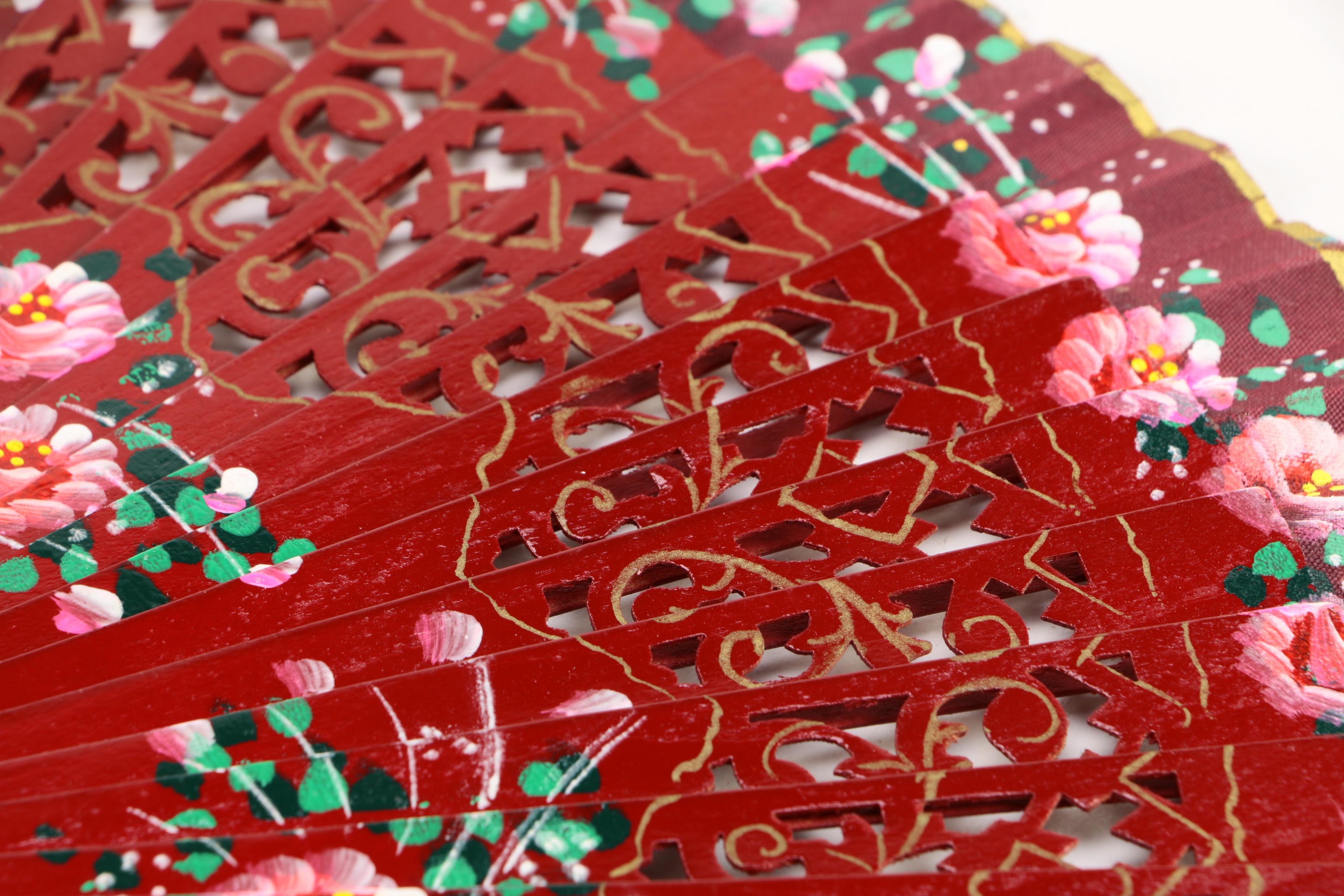 Red Wooden Folding Hand Fan With Painted Floral Designs
