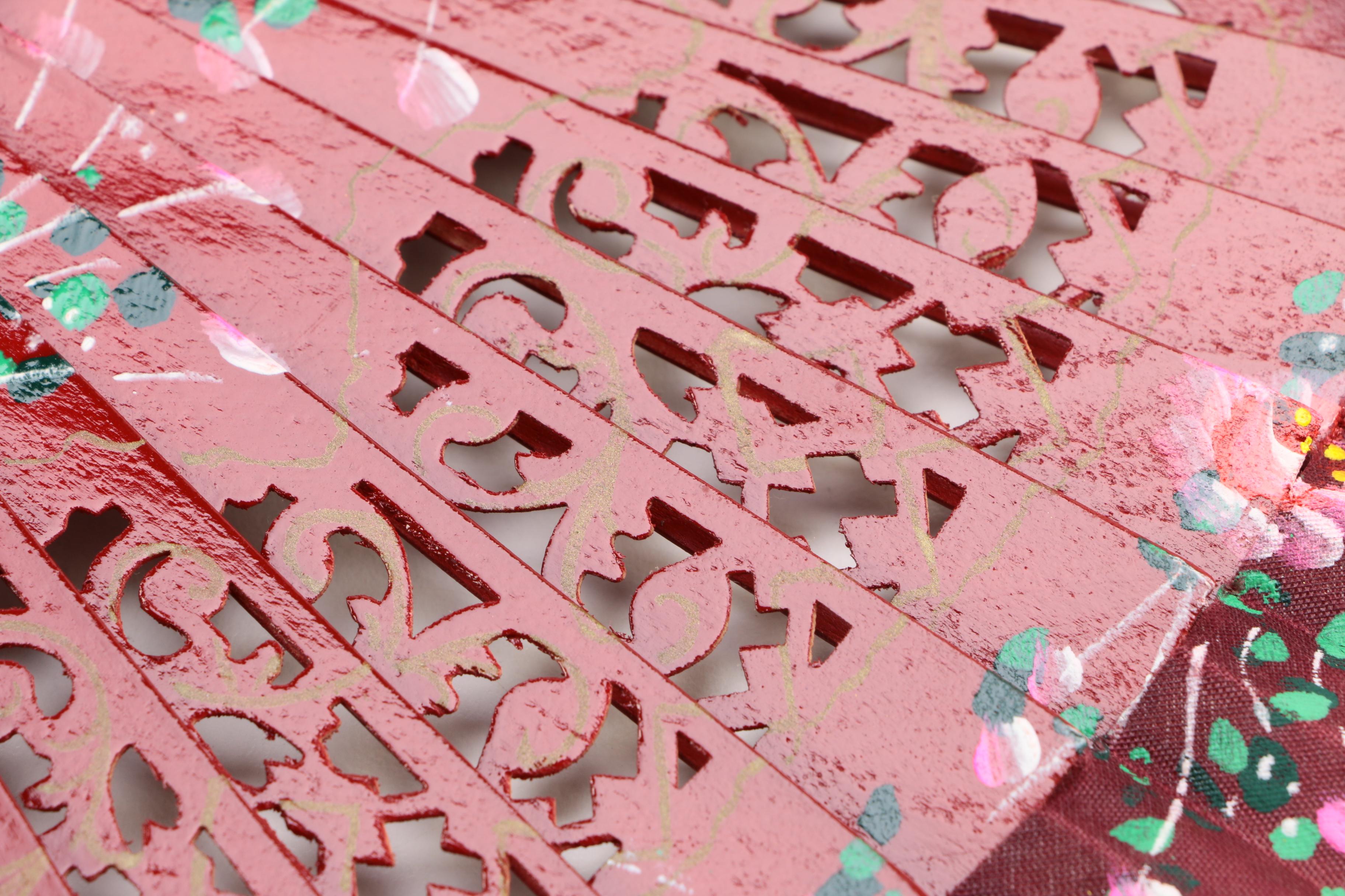 Red Wooden Folding Hand Fan With Painted Floral Designs