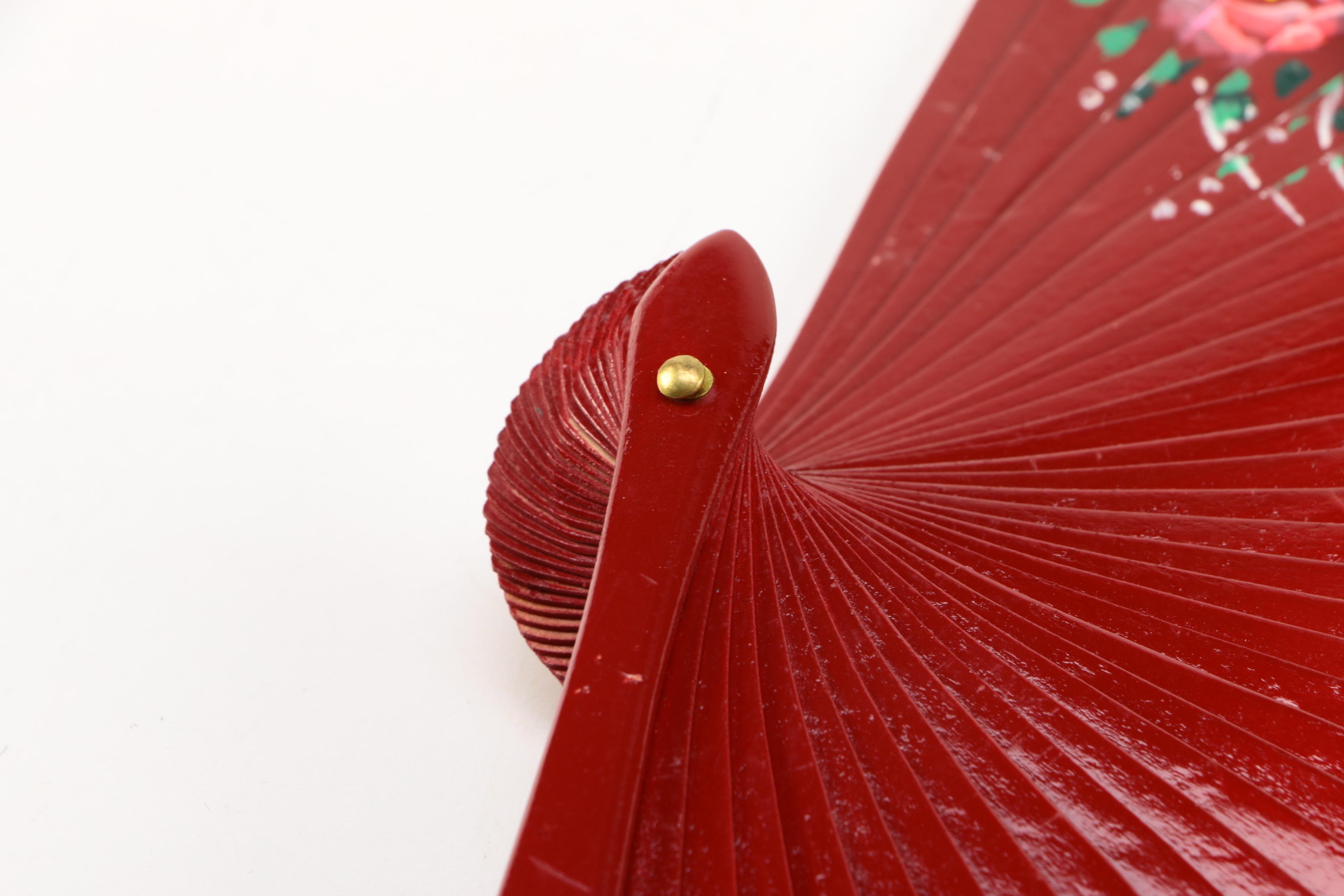 Red Wooden Folding Hand Fan With Painted Floral Designs