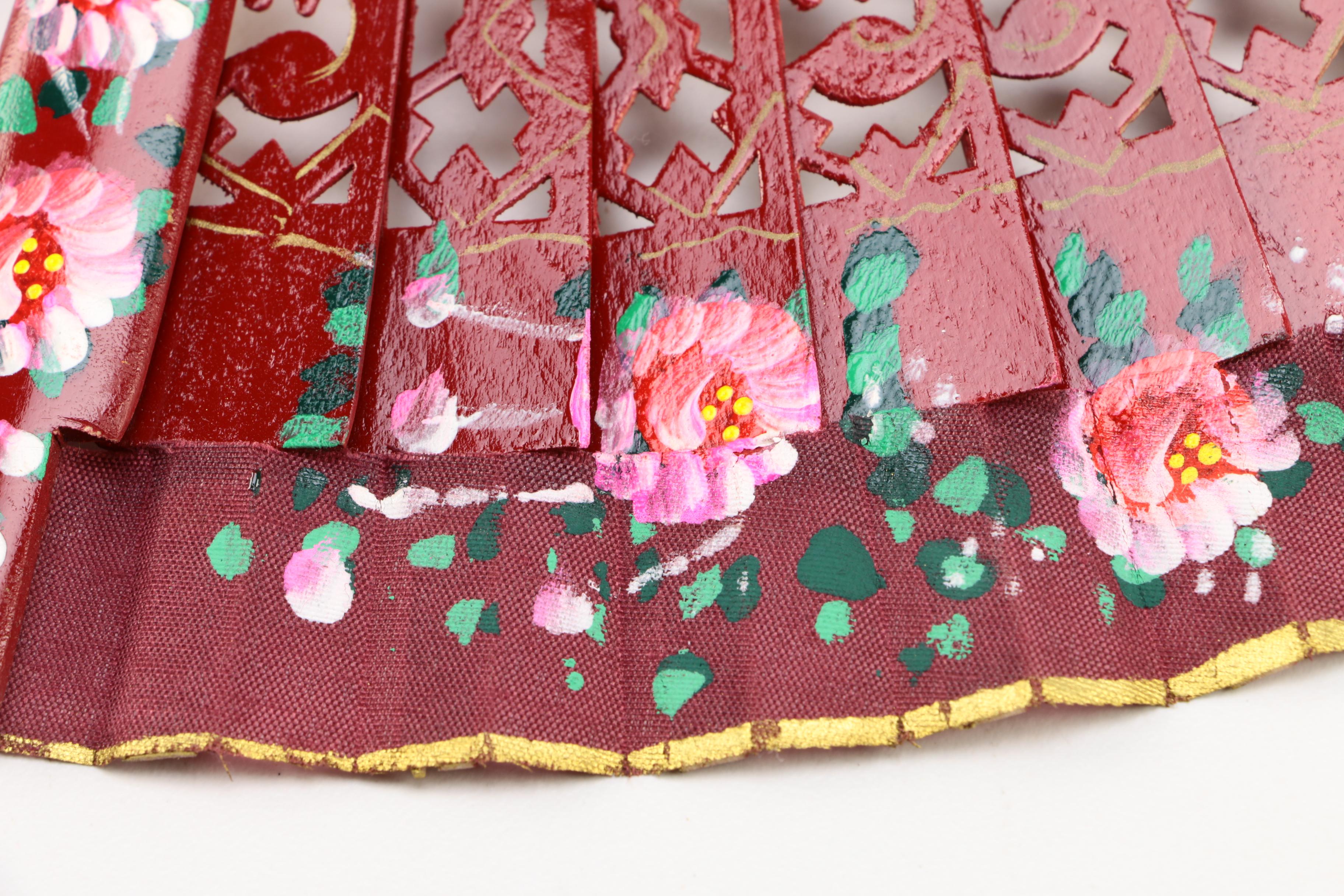 Red Wooden Folding Hand Fan With Painted Floral Designs