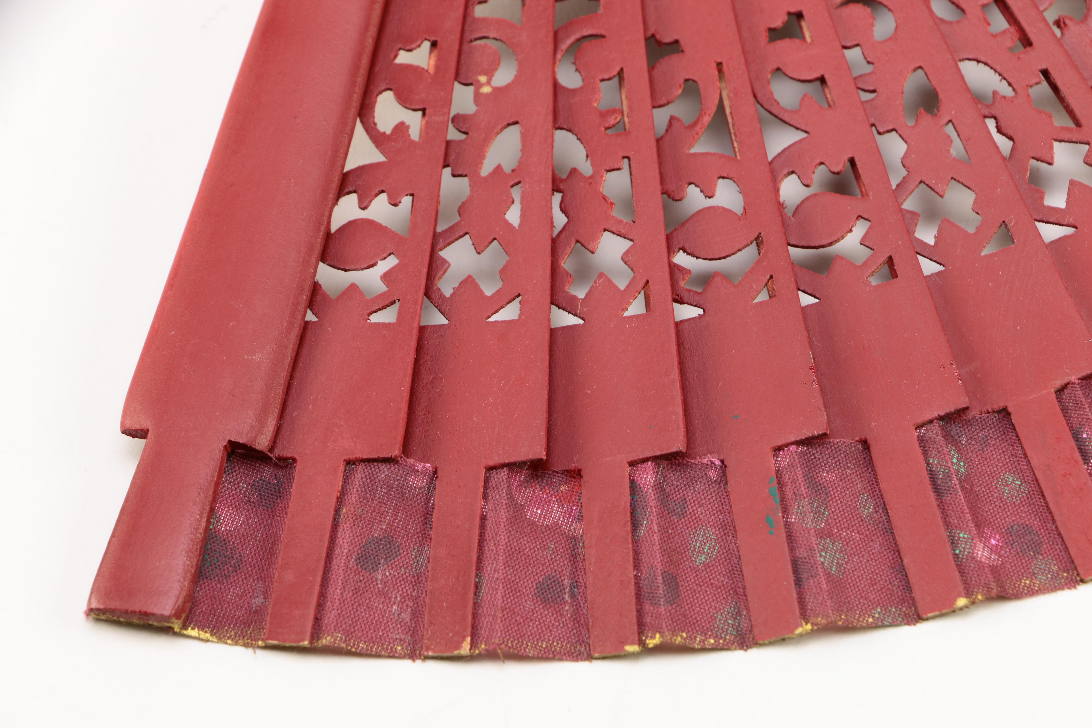 Red Wooden Folding Hand Fan With Painted Floral Designs