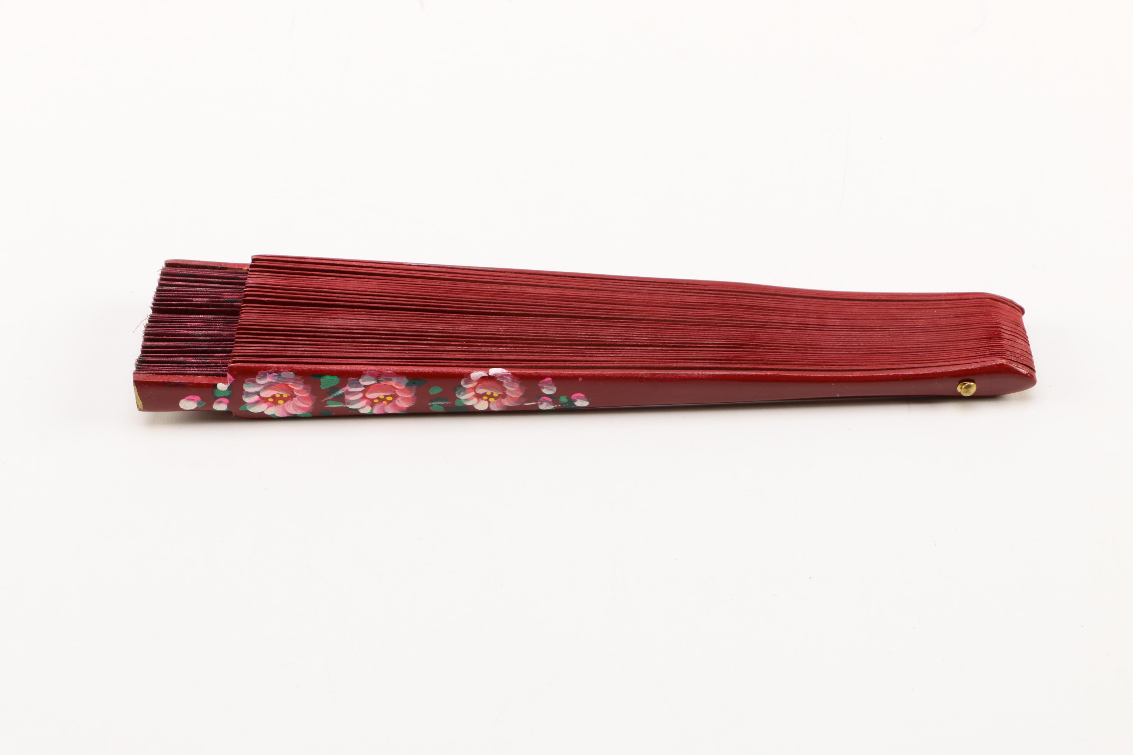 Red Wooden Folding Hand Fan With Painted Floral Designs