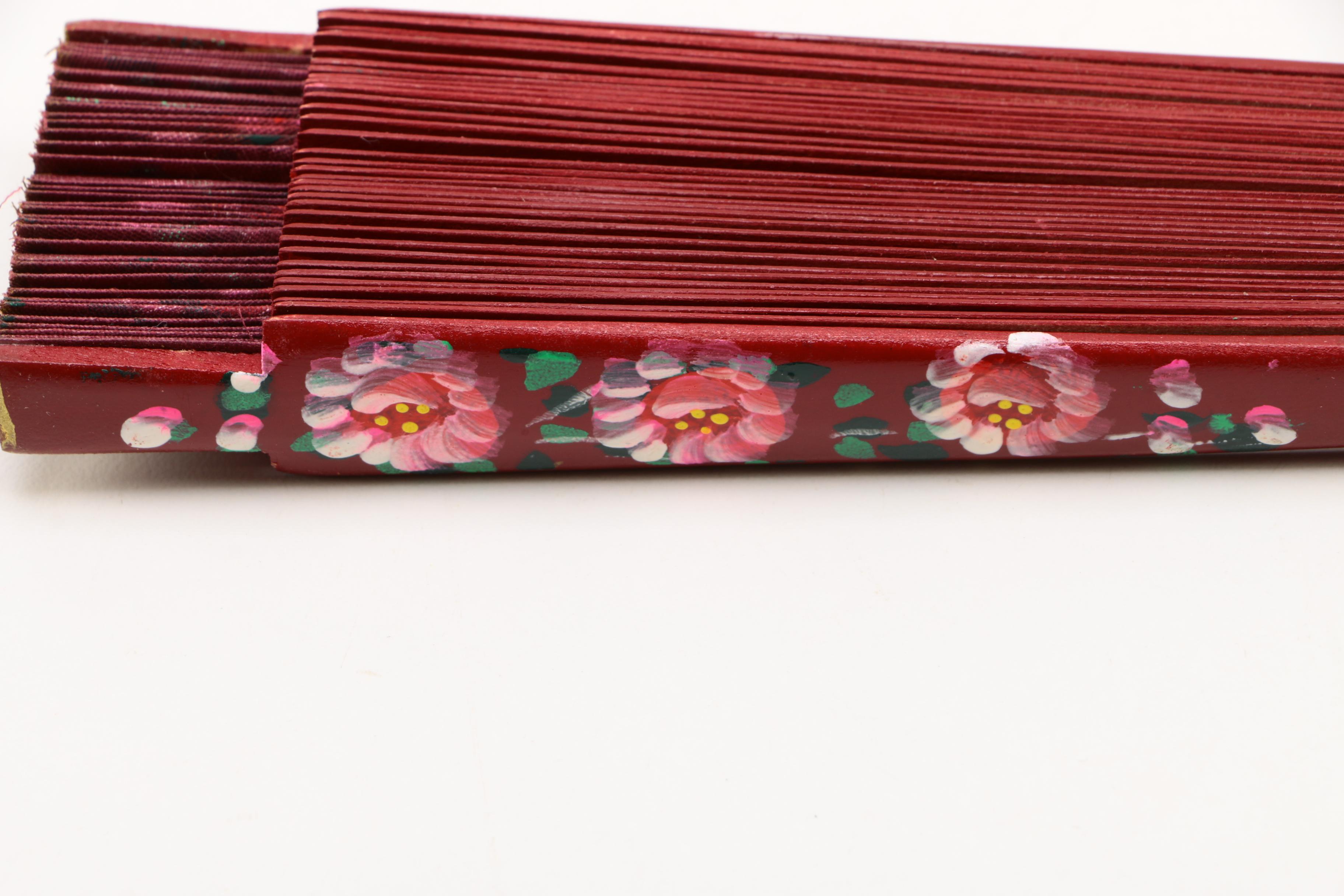 Red Wooden Folding Hand Fan With Painted Floral Designs