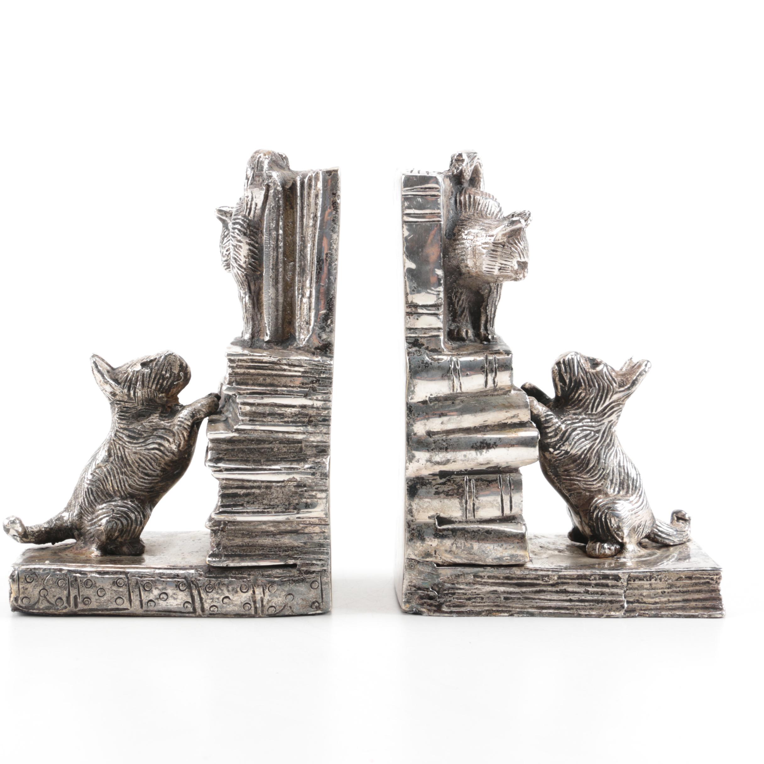 Cast Metal Bookends of a Scottish Terrier Chasing a Cat up a Book Stack