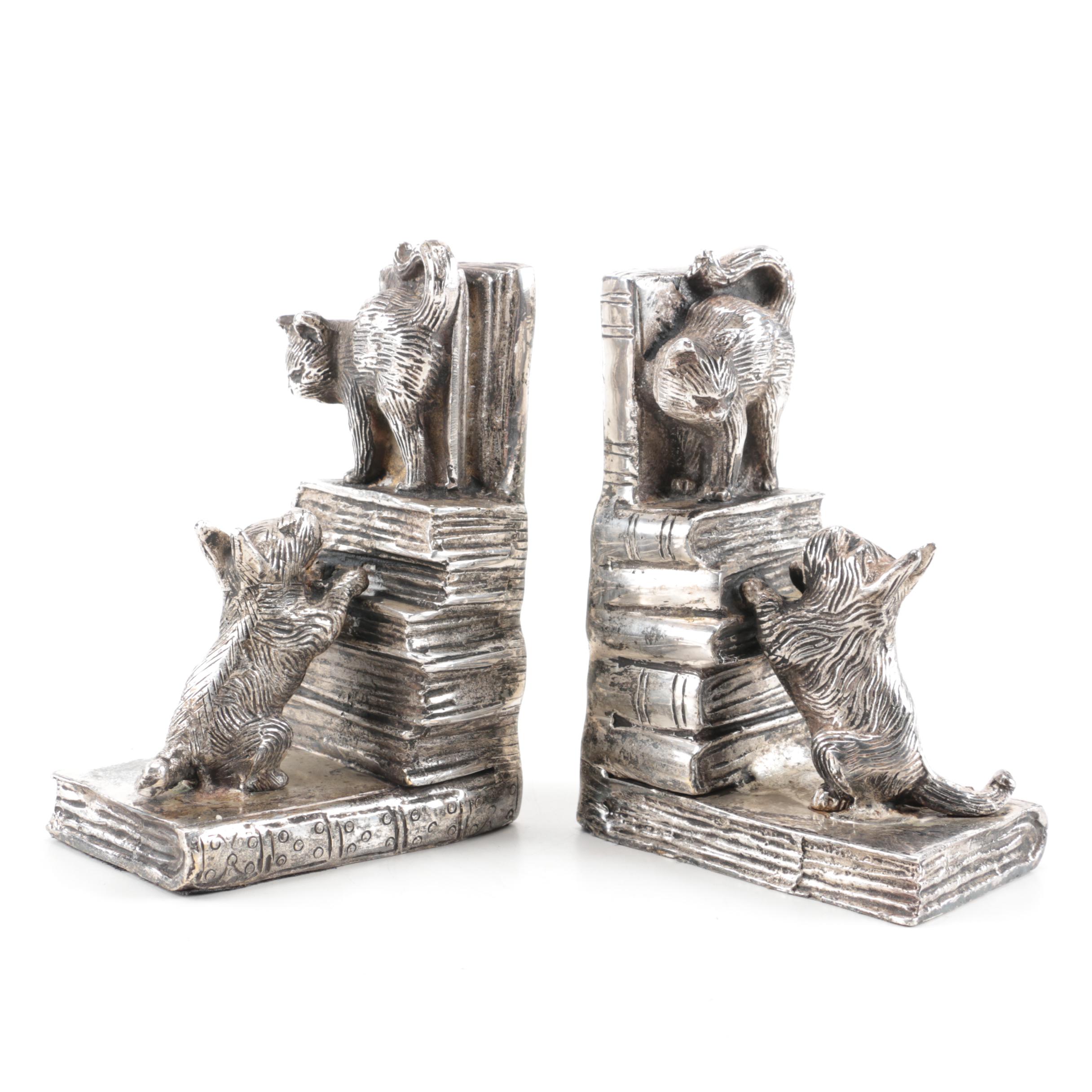 Cast Metal Bookends of a Scottish Terrier Chasing a Cat up a Book Stack