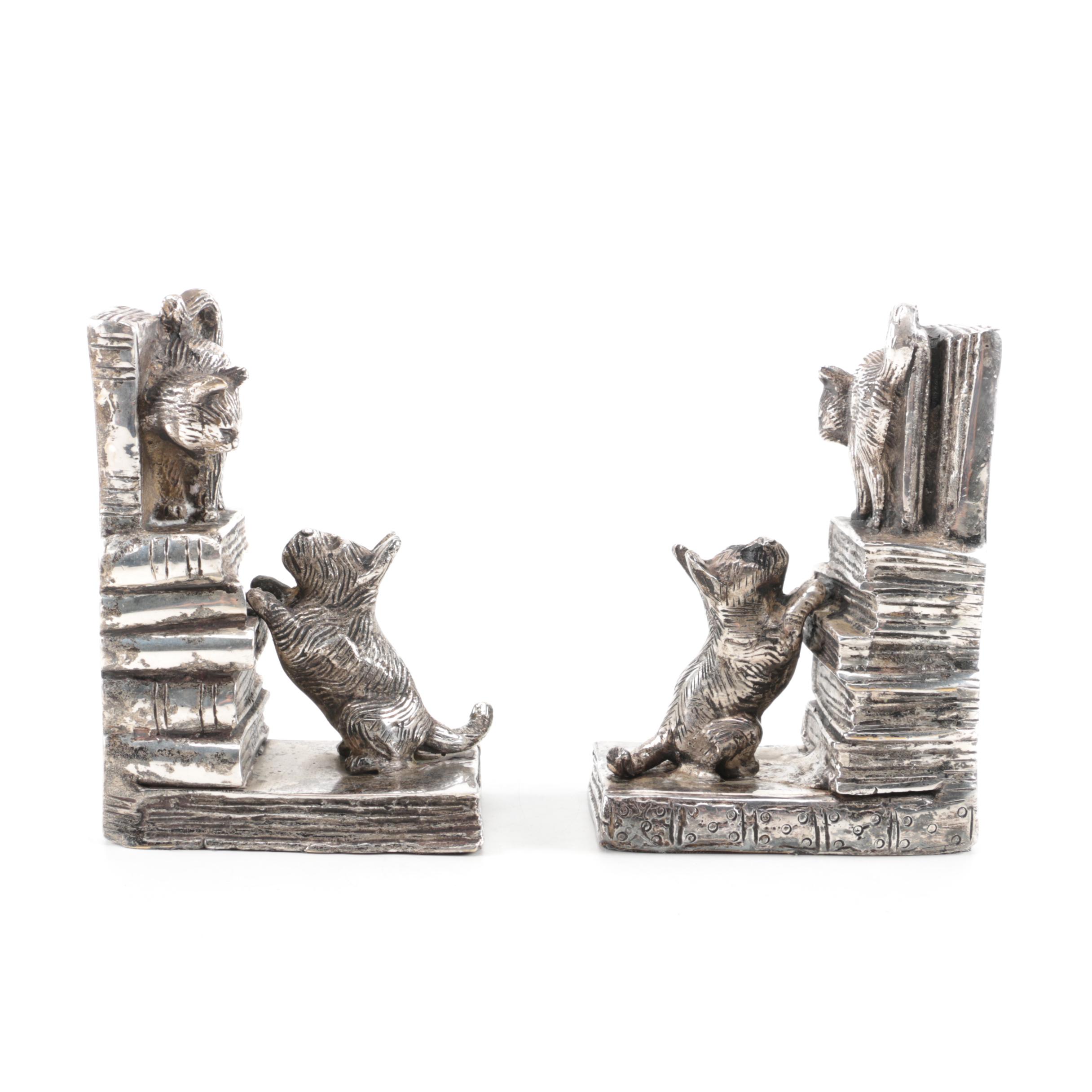 Cast Metal Bookends of a Scottish Terrier Chasing a Cat up a Book Stack