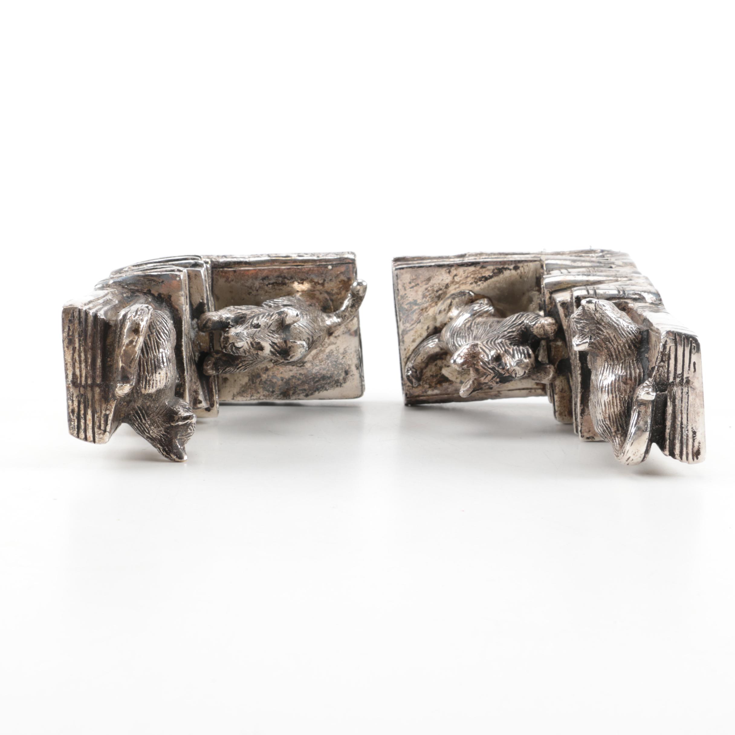 Cast Metal Bookends of a Scottish Terrier Chasing a Cat up a Book Stack