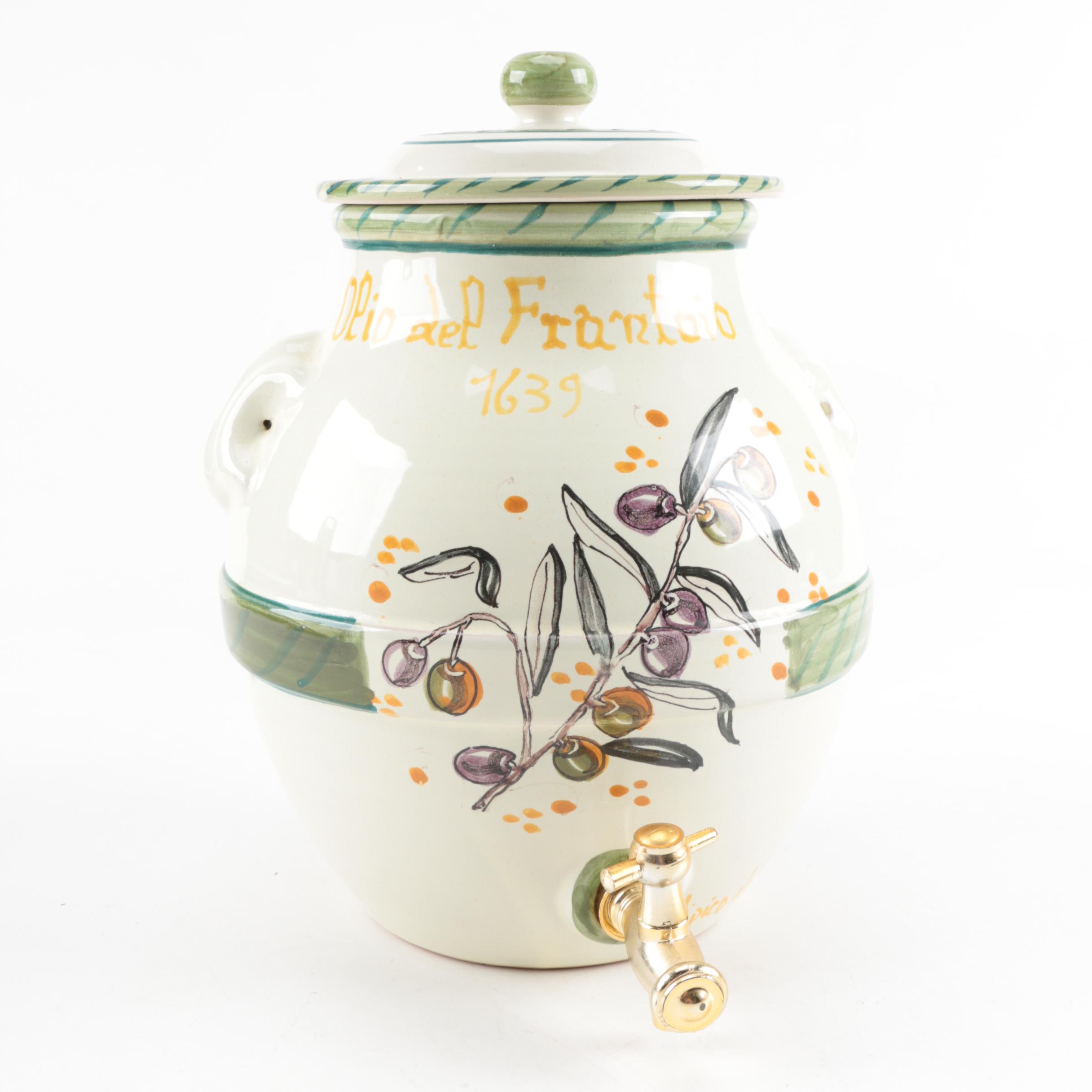 Italian Hand-Painted Ceramic Beverage Server with Metal Spigot