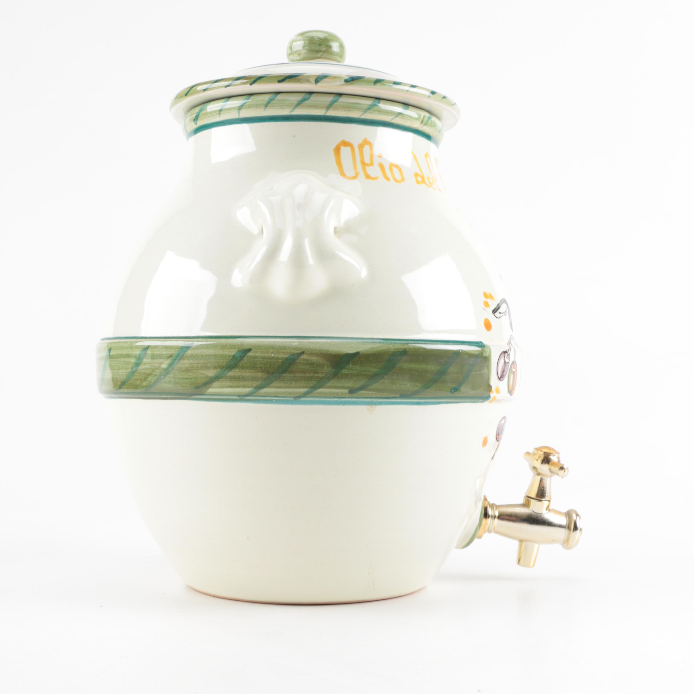Italian Hand-Painted Ceramic Beverage Server with Metal Spigot
