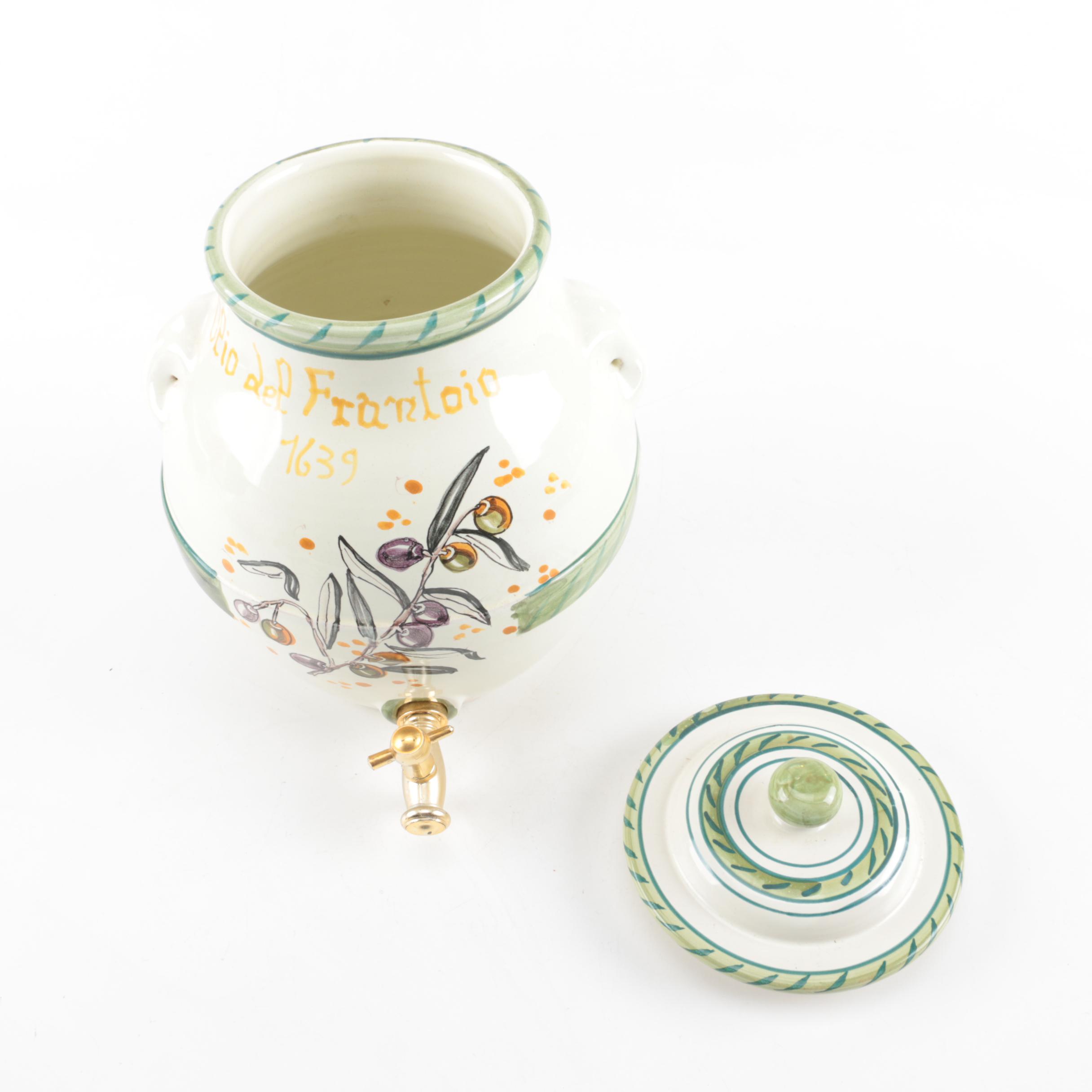 Italian Hand-Painted Ceramic Beverage Server with Metal Spigot
