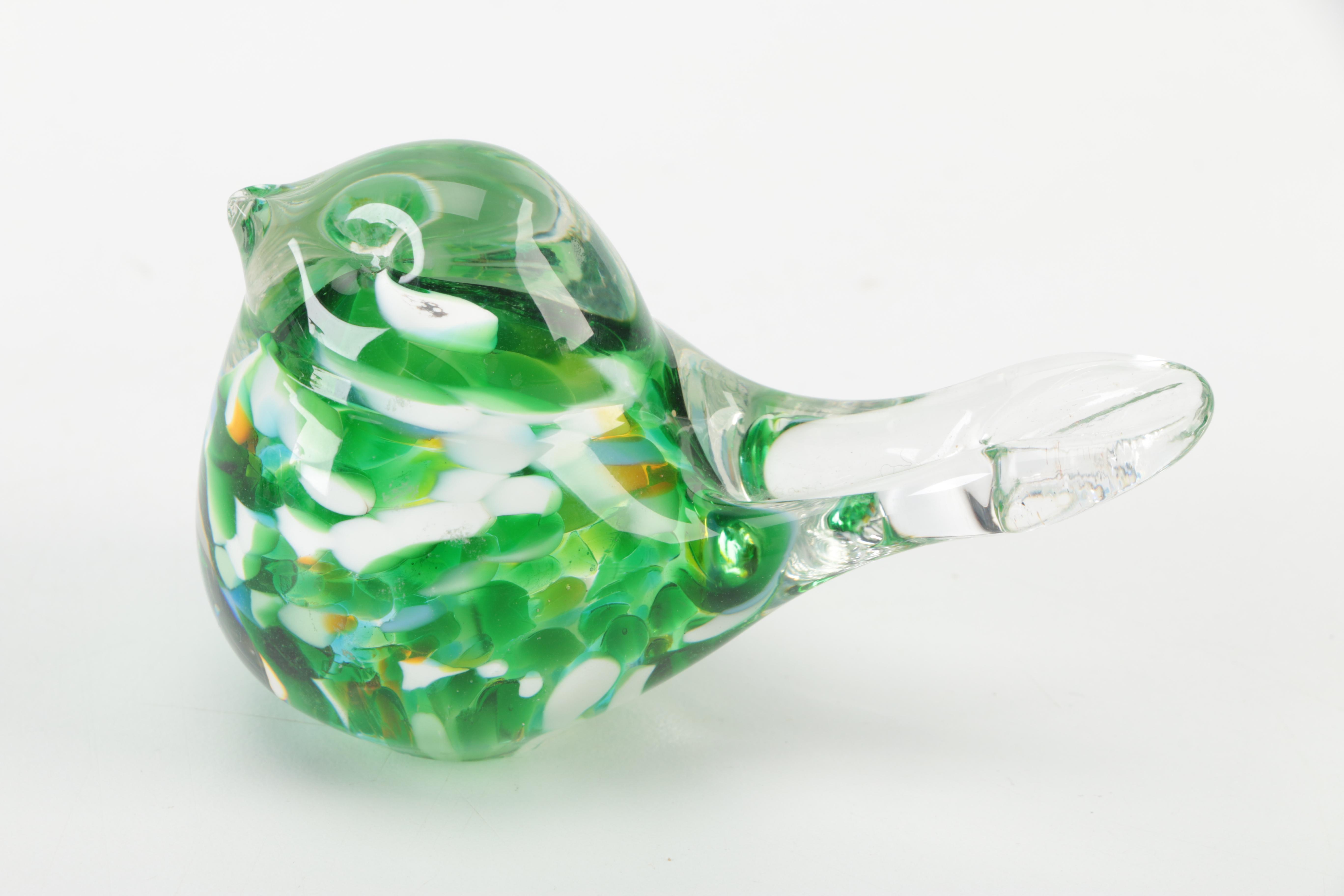 Green and White Hand Blown Glass Birds