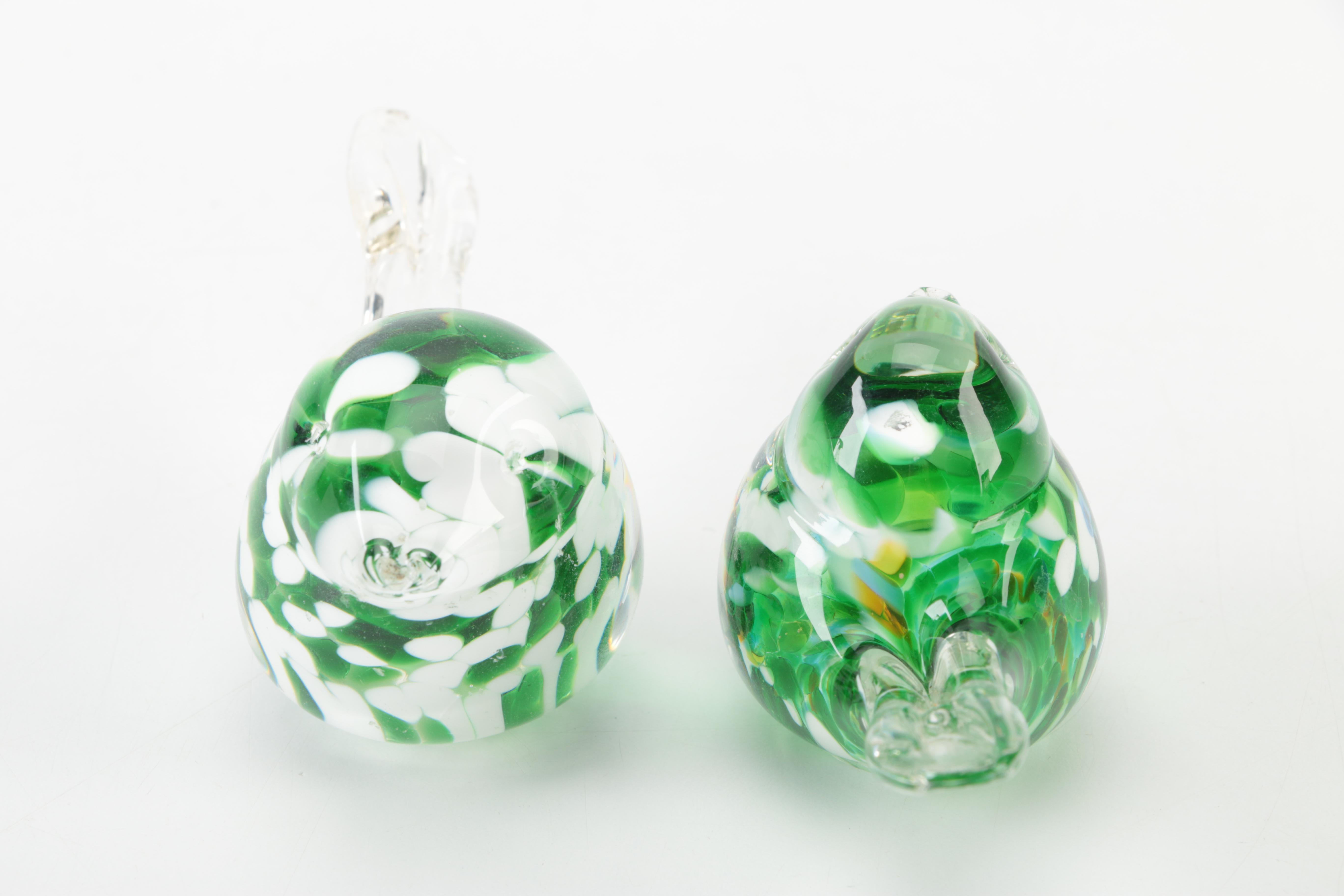 Green and White Hand Blown Glass Birds