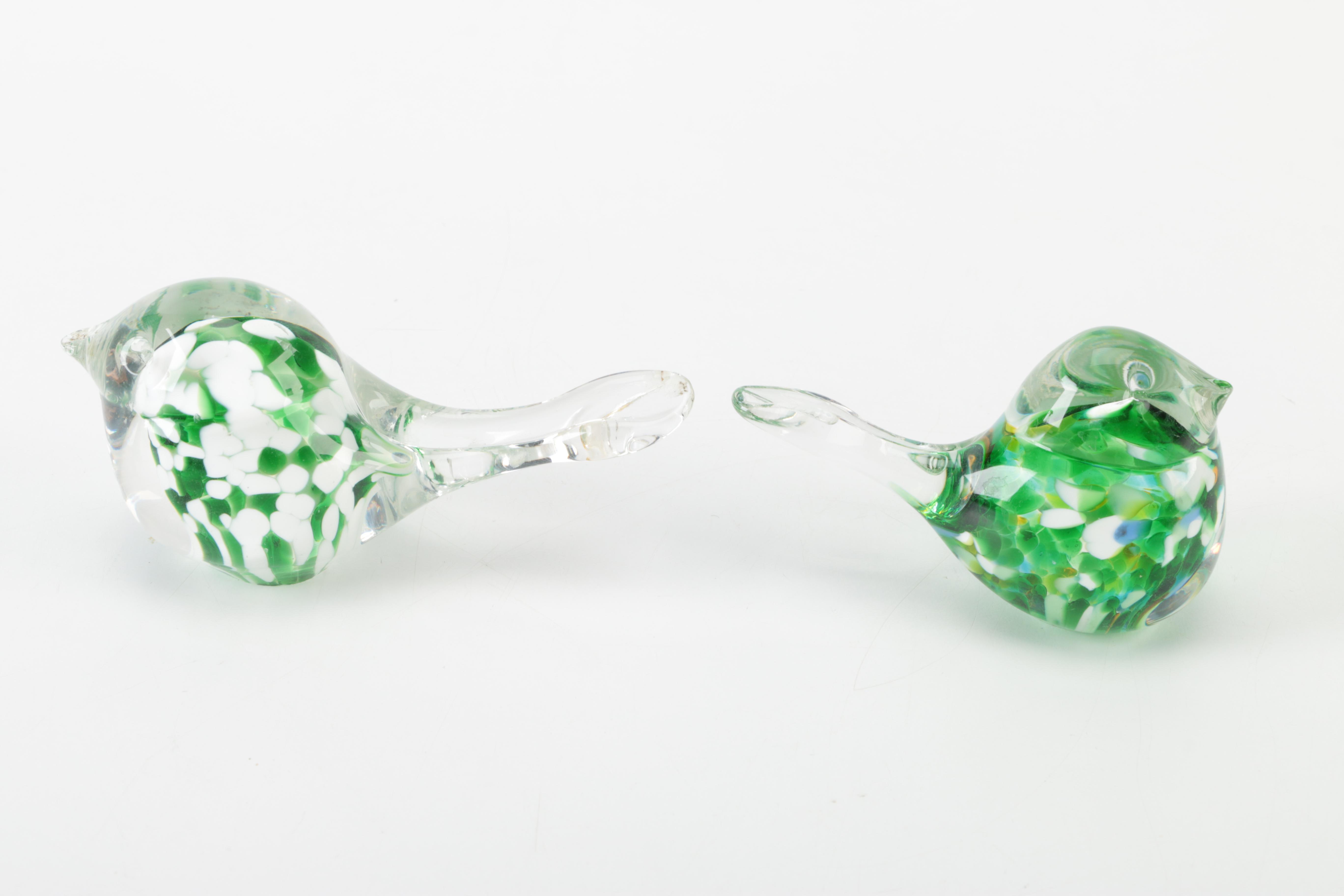 Green and White Hand Blown Glass Birds