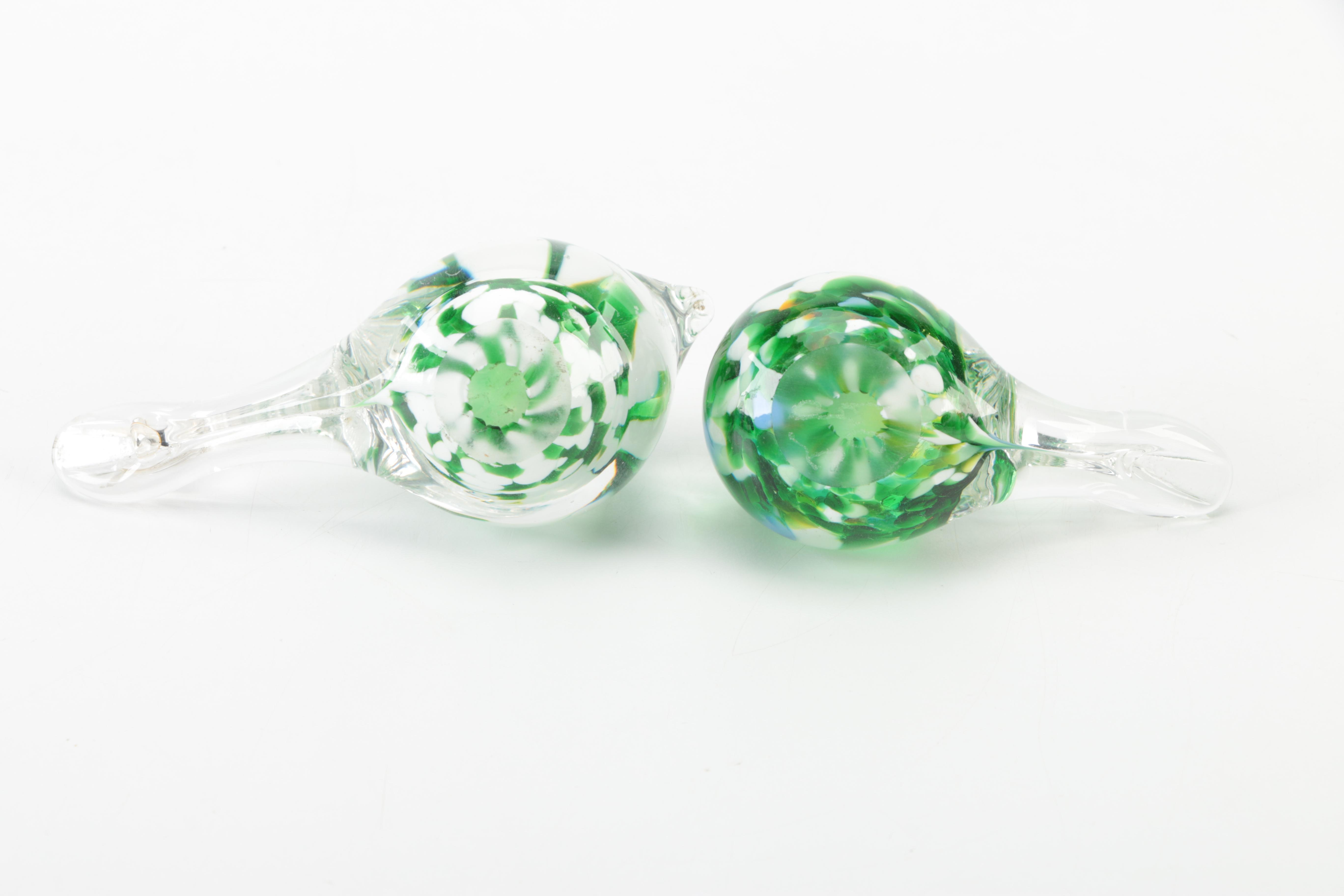 Green and White Hand Blown Glass Birds