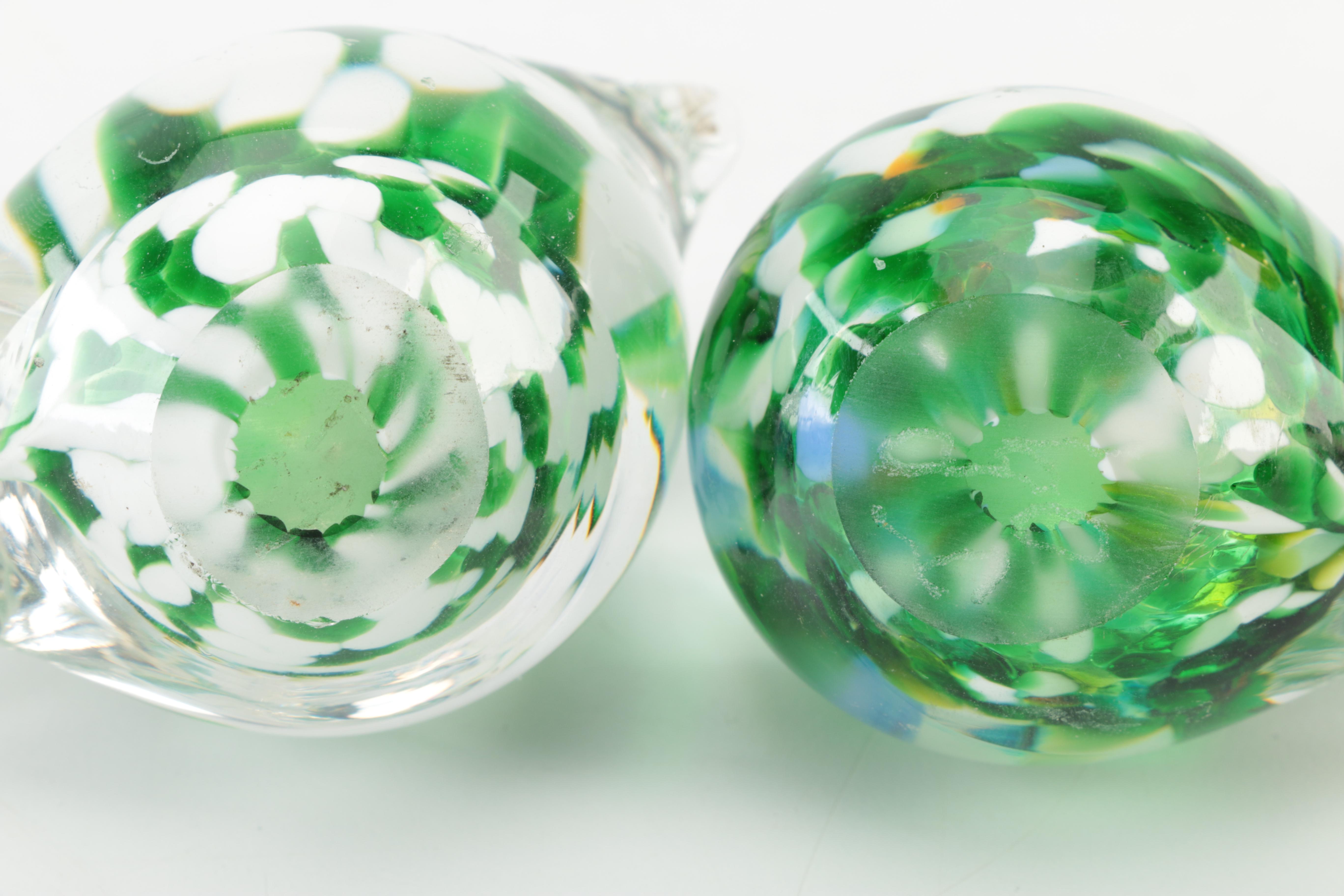 Green and White Hand Blown Glass Birds